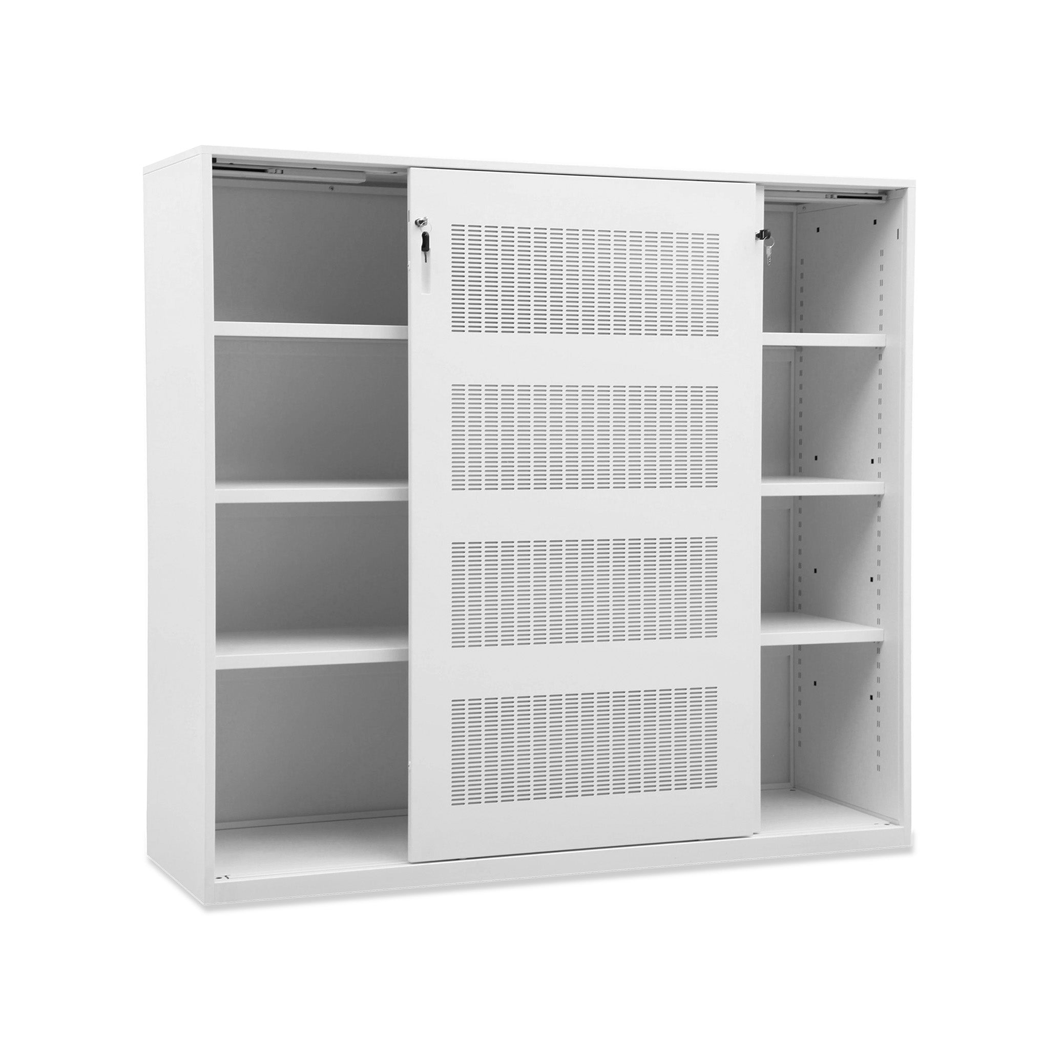 Schallreduzierender Akustikschrank 2000 × 500 × 1600 mm, mit Softclose-Schiebetüren, vlies weiß, 4 OH