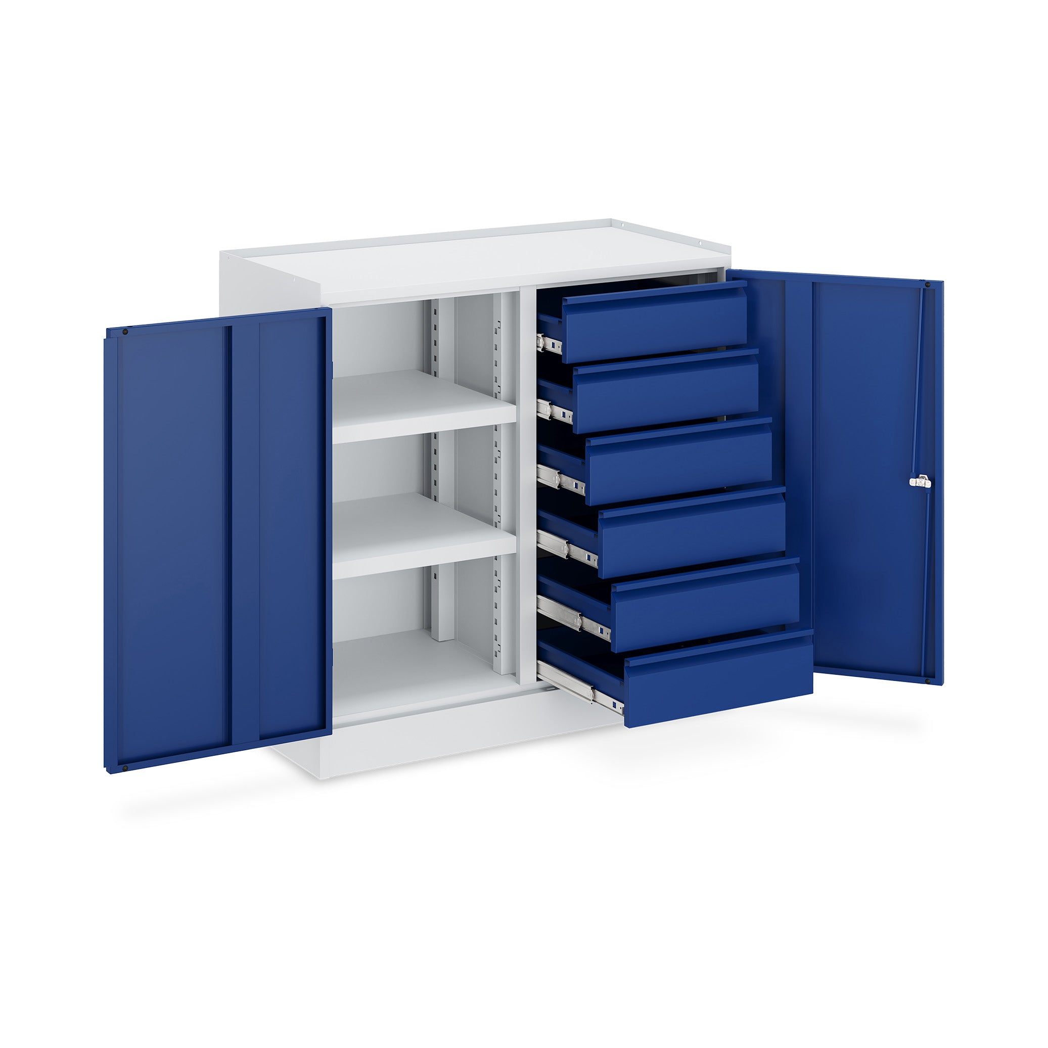 Geräumiger Werkzeugschrank 1000 × 500 × 1000 mm – 2 Türen, 2 Fachböden, 6 Schubladen, Farbe lichtgrau / enzianblau