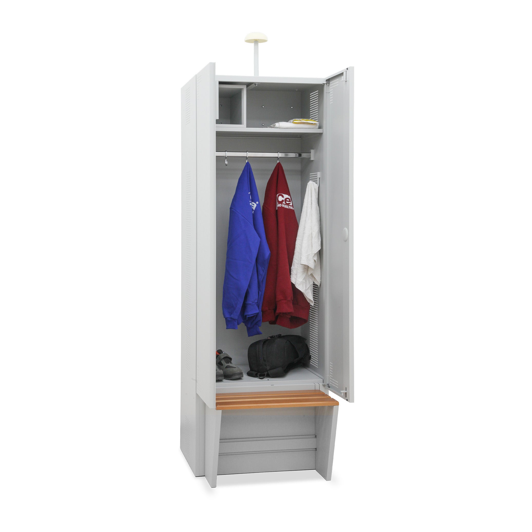Funktionaler Umkleidespind mit Sitzbank und Klappbox, 700 × 500 × 2000 mm, Farbe lichtgrau