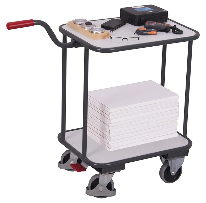 Kompakter ESD Griffroller mit 2 Ladeflächen, 940 × 455 × 910 mm, RAL 7024, elektrisch leitfähig