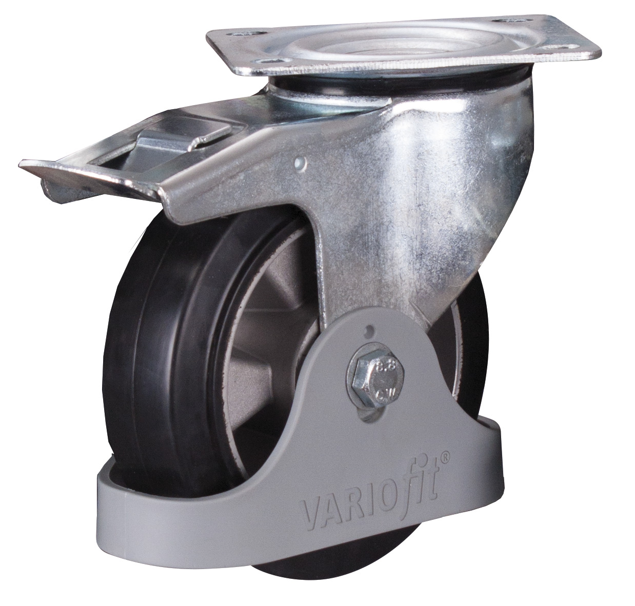 Kompakte Bremsrolle 125 mm aus Elastikvollgummi mit Fußschutz, 200 kg Traglast, Bauhöhe 155 mm Kompakte Bremsrolle 125 mm aus Elastikvollgummi mit Fußschutz, 200 kg Traglast, Bauhöhe 155 mm