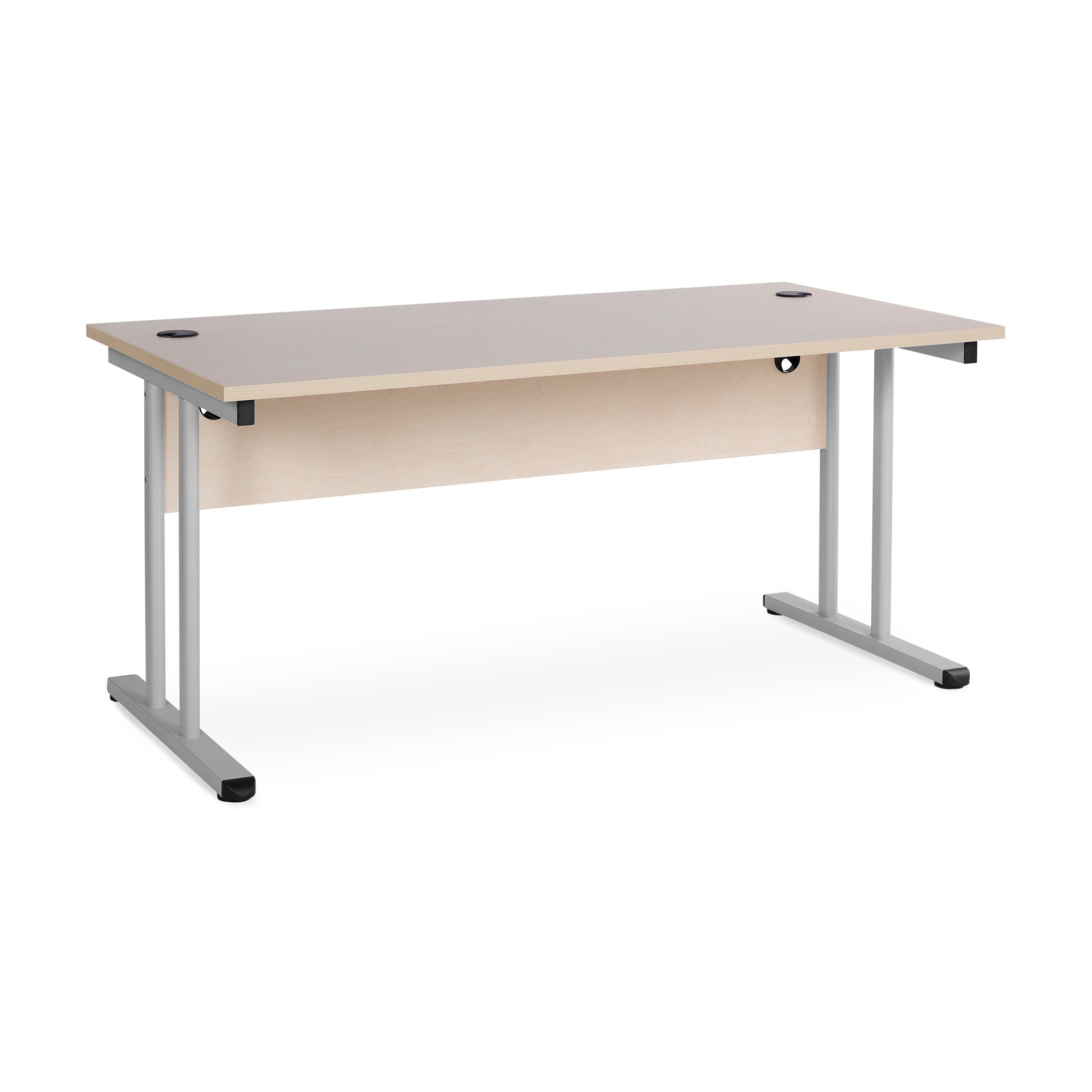 Schreibtisch mit T-Fuß, 1600 x 800 mm, feste Höhe 730 mm, mit Knieraumblende, Farbe weißaluminium / ahorn