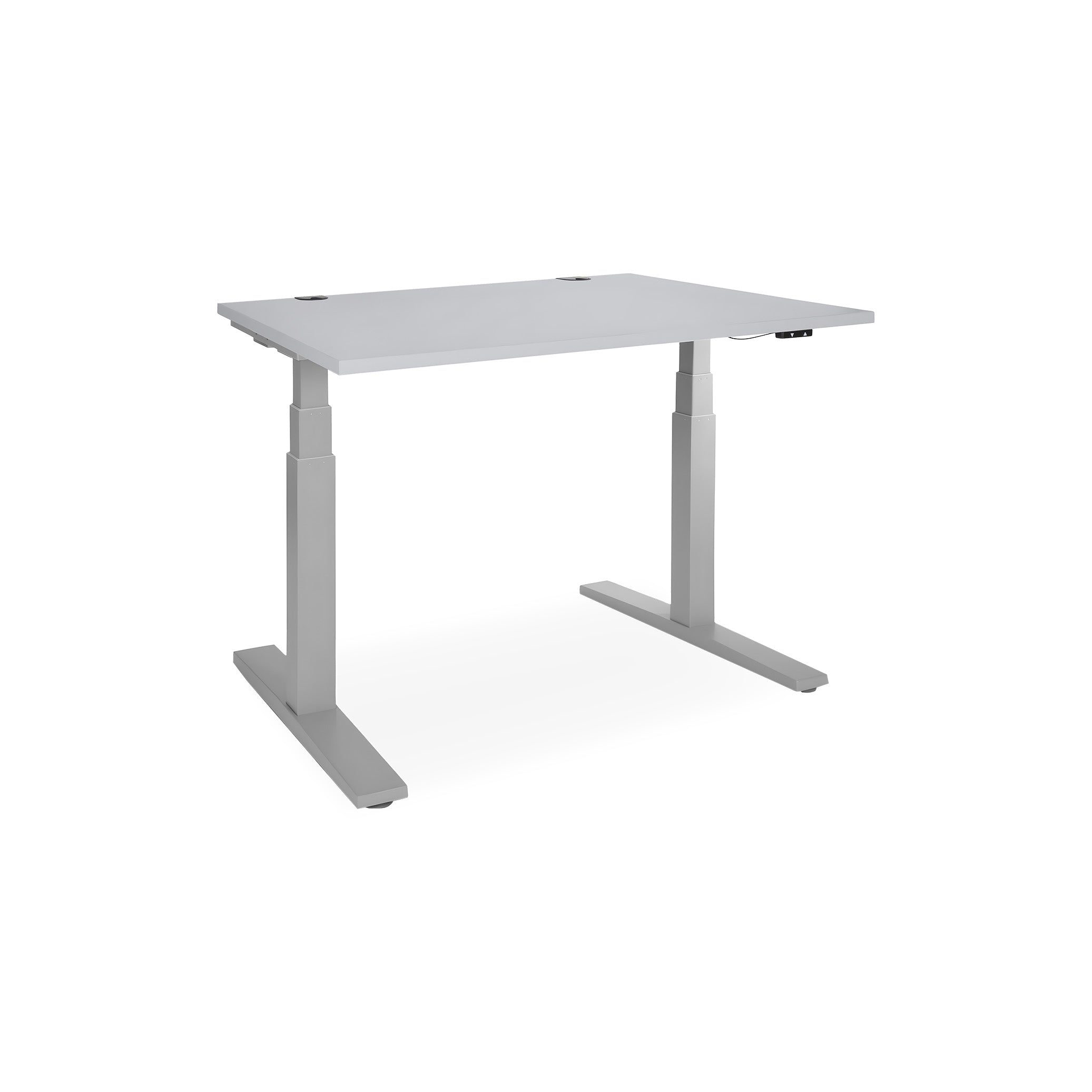 Schreibtisch elektrisch höhenverstellbar 1200 x 800 mm – Höhe 610-1250 mm, Farbe Weißaluminium / Grau