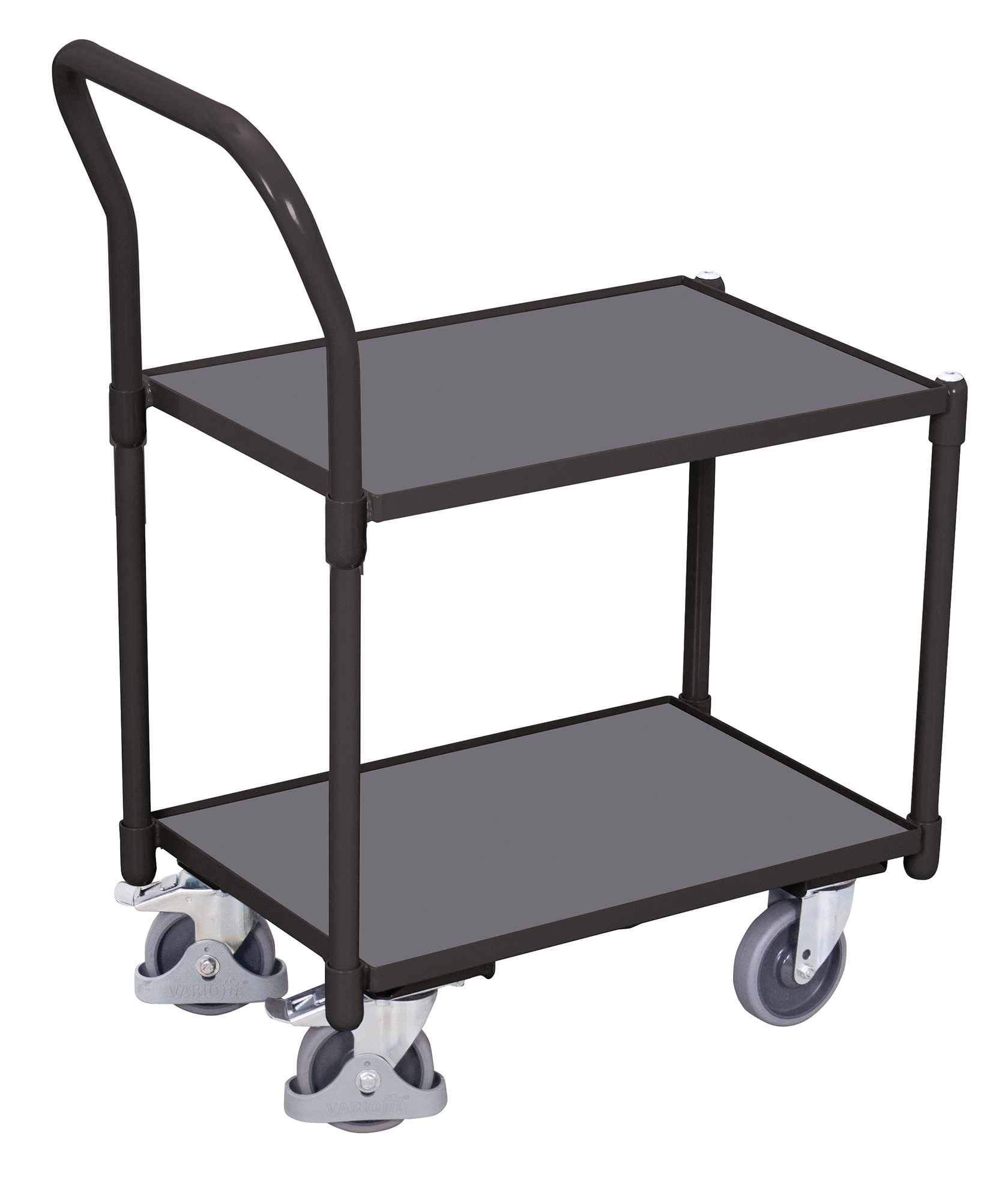 Zweilagiger Plattformroller 770 × 415 mm mit Holzböden, 10 mm Rand, Eckhülsen und Schiebebügel, 250 kg Traglast, RAL 7016, ideal für Lager & Kommissionierung Zweilagiger Plattformroller 770 × 415 mm mit Holzböden, 10 mm Rand, Eckhülsen und Schiebebügel, 250 kg Traglast, RAL 7016, ideal für Lager & Kommissionierung