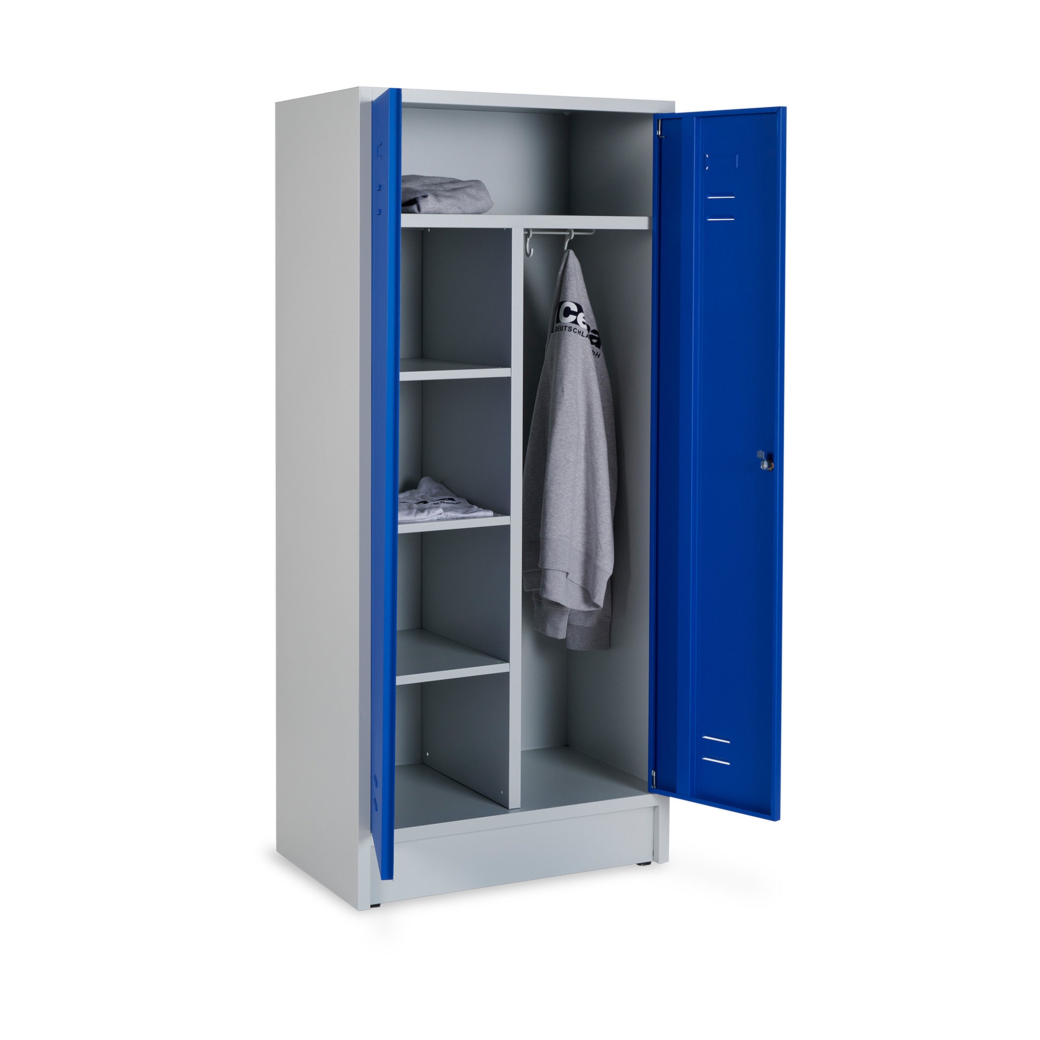 Funktionaler Stahl-Kleiderwäschespind 800 mm – 2 Abteile mit Fachböden & Kleiderstange – Lichtgrau/Enzianblau