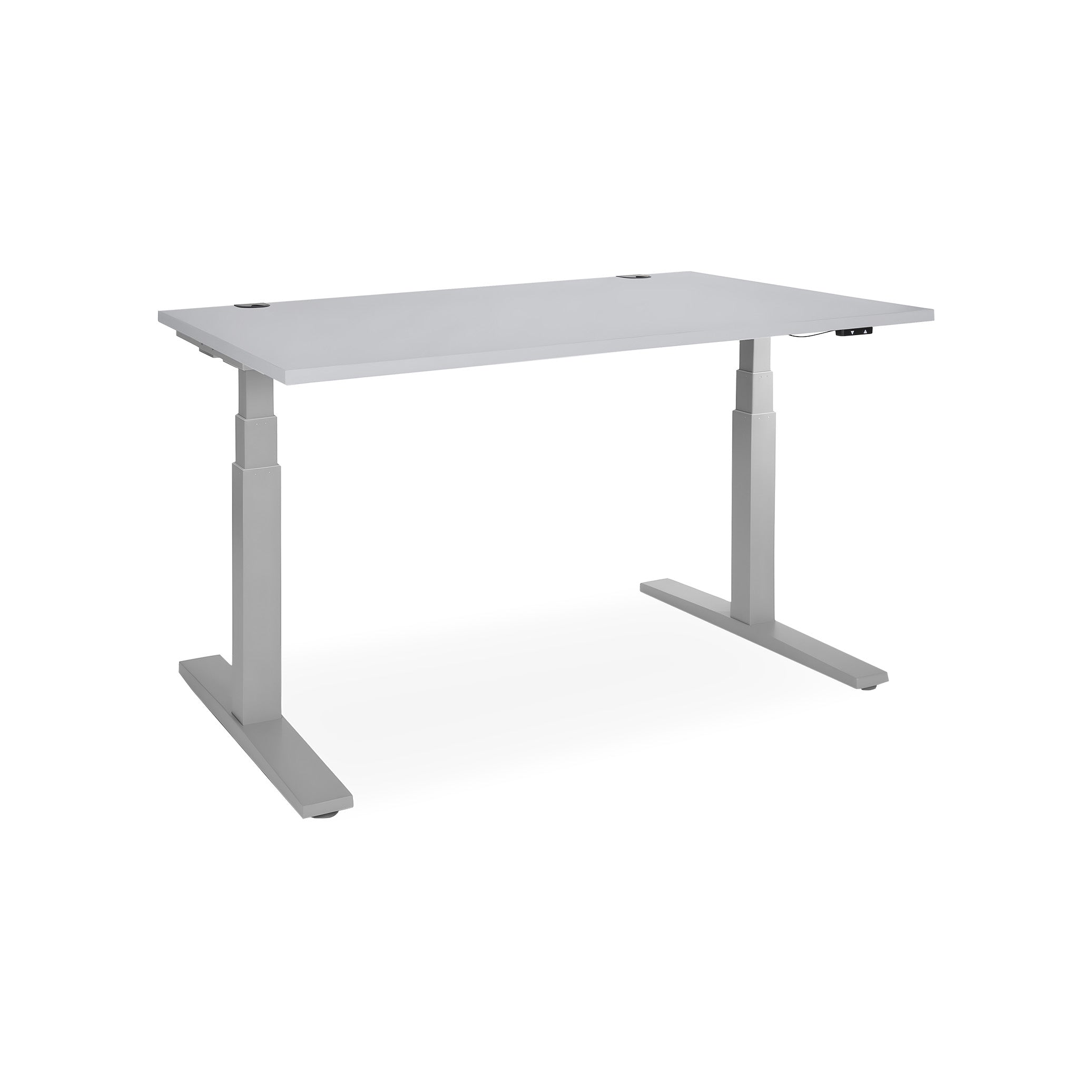 Schreibtisch elektrisch höhenverstellbar 1600 x 800 mm – Höhe 610-1250 mm, Farbe Weißaluminium / Grau