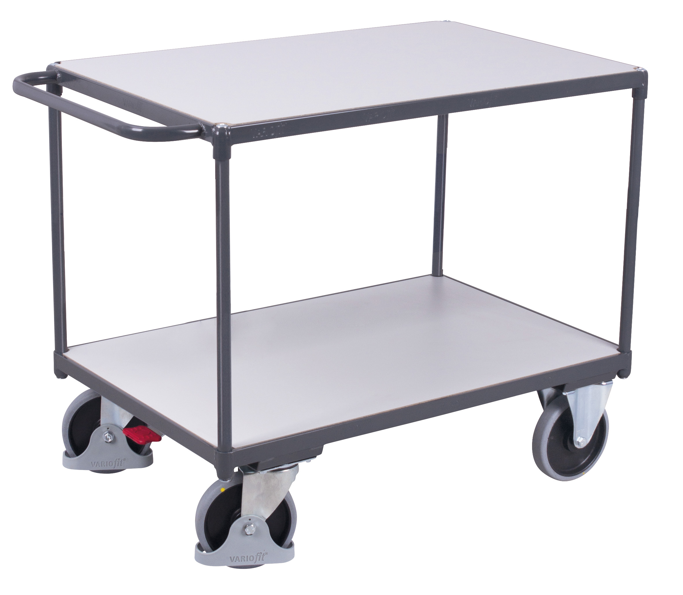 Leitfähiger ESD Tischwagen mit 2 Ladeflächen, 400 kg, RAL 7024, 1040 × 500 mm Strapazierfähiger ESD Tischwagen 500 kg mit 2 Ladeflächen, RAL 7024, 1390 × 800 mm