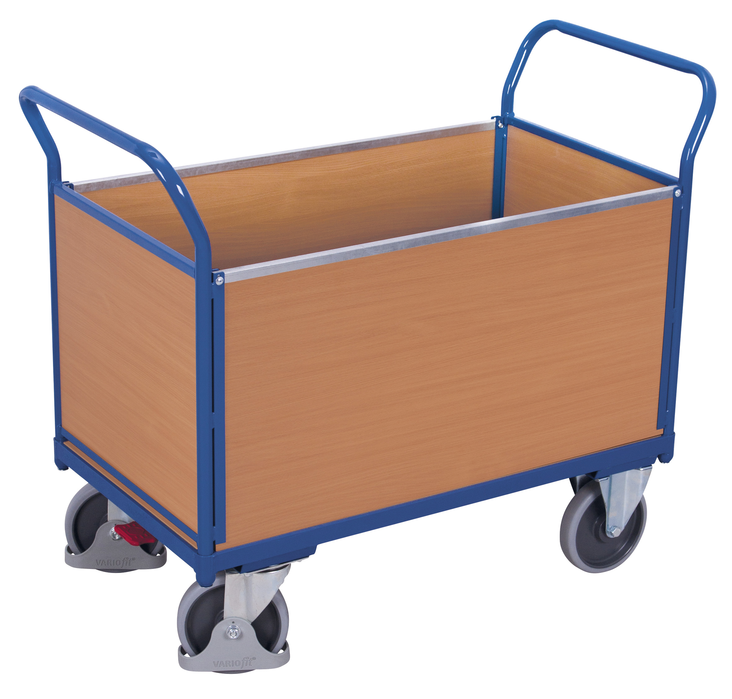 Kompakter Vierwandwagen 1040 × 500 mm mit Holzaufbau, 400 kg Traglast, RAL 5010, ideal für Lager & Werkstatt Großzügiger Vierwandwagen 1390 × 800 mm mit Holzaufbau, 500 kg Traglast, RAL 5010, ideal für Lager & Werkstatt