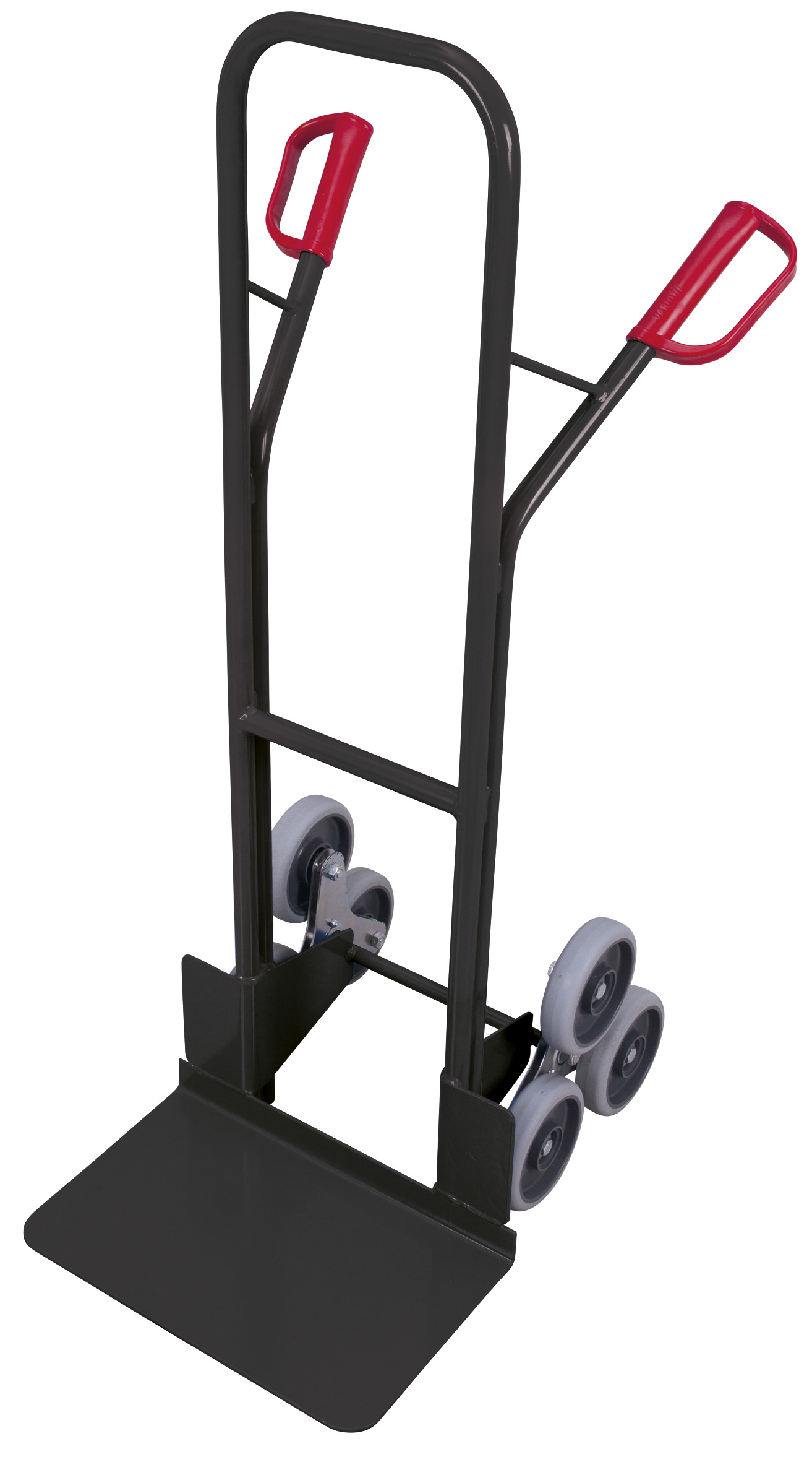 Treppenkarre 620 × 675 × 1310 mm mit dreiarmigen Radsternen, 200 kg Traglast, RAL 7016 – ideal für sperriges Transportgut