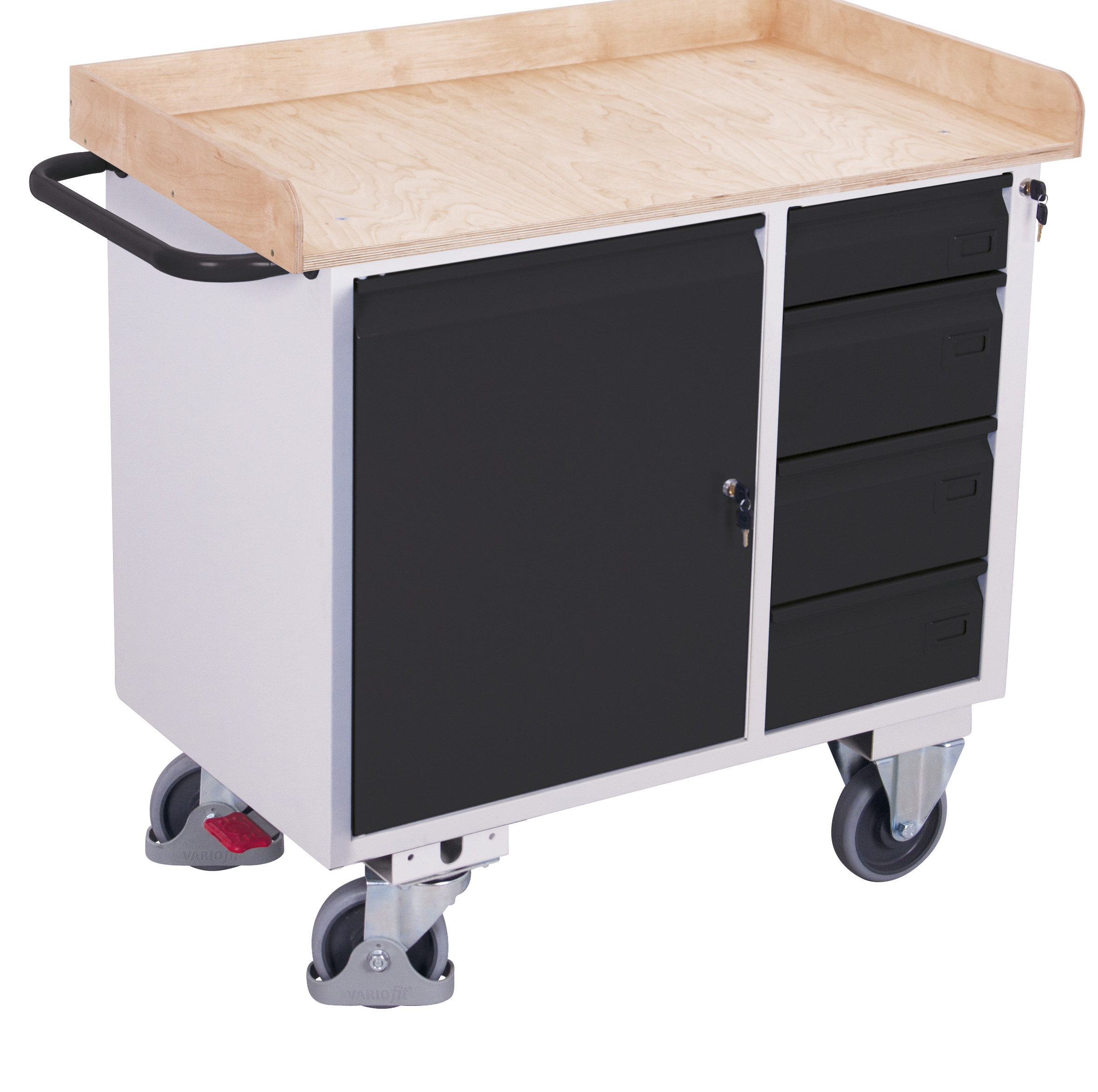 Stabiler Werkstattwagen mit 4 Schubladen, Umrandung und Flügeltürschrank, 400 kg Traglast, RAL 7016, 1125 × 610 mm