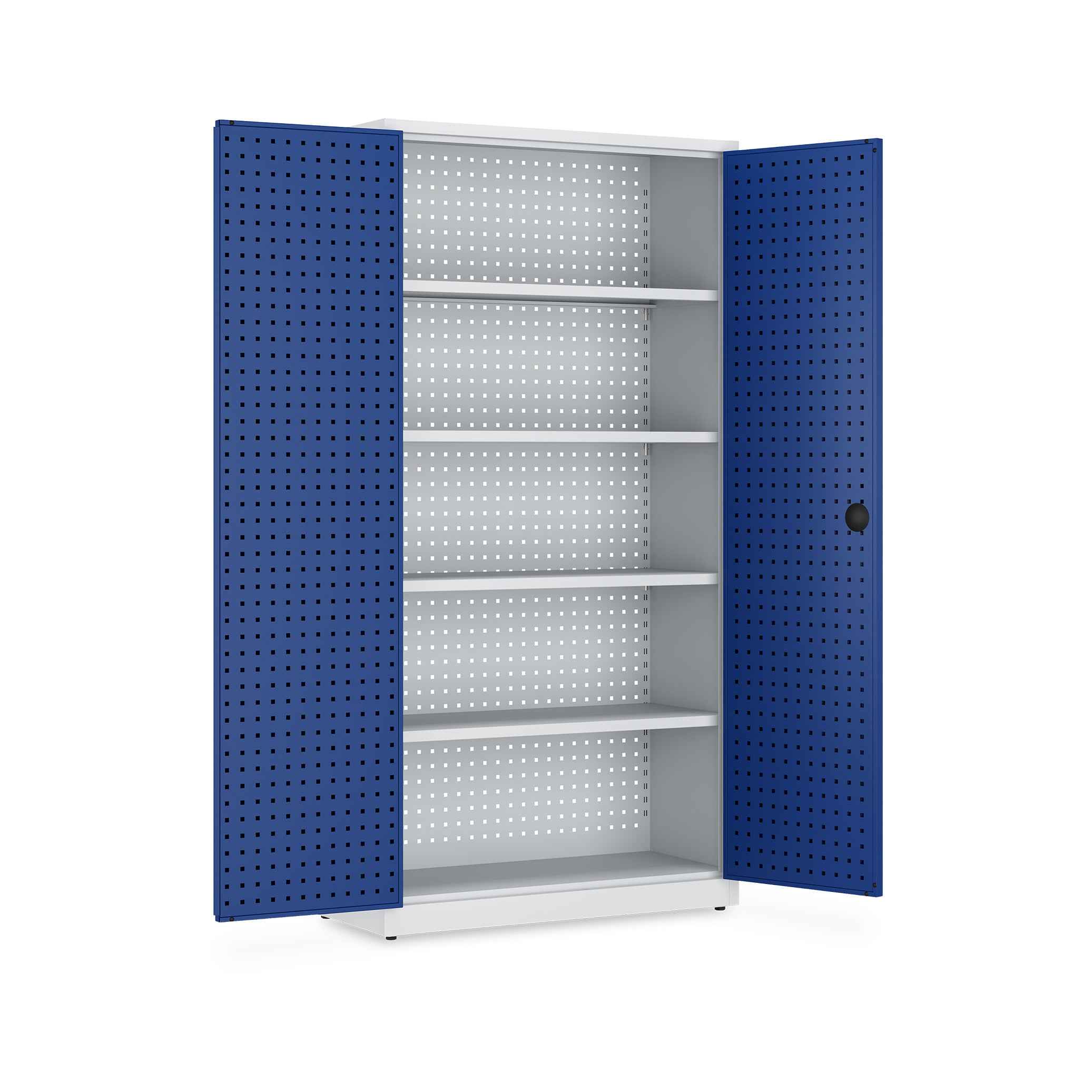 Metall-Werkstattschrank 920 × 450 × 1940 mm – 4 Fachböden, Scharniertüren, lichtgrau / enzianblau