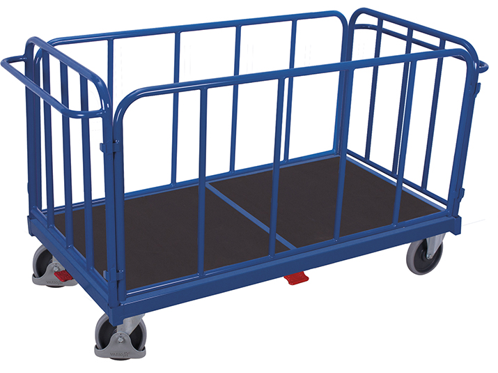 Vielseitiger Vierwandwagen 1575 × 900 mm mit senkrechten Streben und Sperrholzboden, 500 kg Traglast, RAL 5010 Vielseitiger Vierwandwagen 1875 × 900 mm mit senkrechten Streben und Sperrholzboden, 500 kg Traglast, RAL 5010