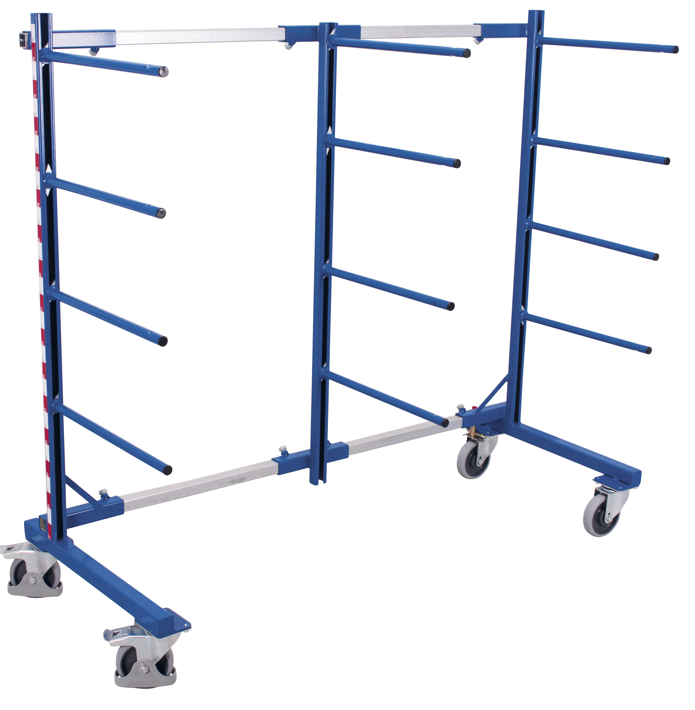 Verstärkter Tragarmwagen einseitig, mit 4 Tragarmebenen, 400 kg Traglast, RAL 5010, 840–2200 × 800 mm Verstärkter Tragarmwagen einseitig, mit 4 Tragarmebenen, 400 kg Traglast, RAL 5010, 840–3200 × 800 mm