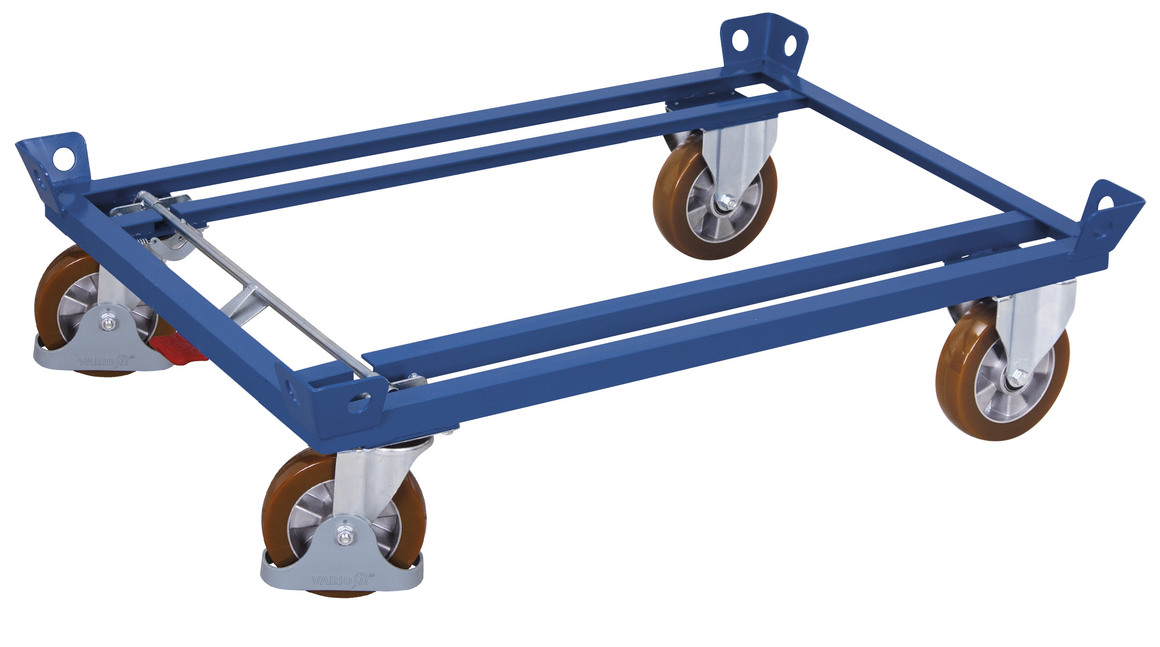 Leistungsstarkes Fahrgestell 1270 × 870 mm aus Stahl für Europaletten und Gitterboxen, 1800 kg Traglast, RAL 5010, ideal für Lager & Werkstatt Industriegeeignetes Fahrgestell 1070 × 870 mm aus Stahl für Europaletten und Gitterboxen, 1800 kg Traglast, RAL 5010