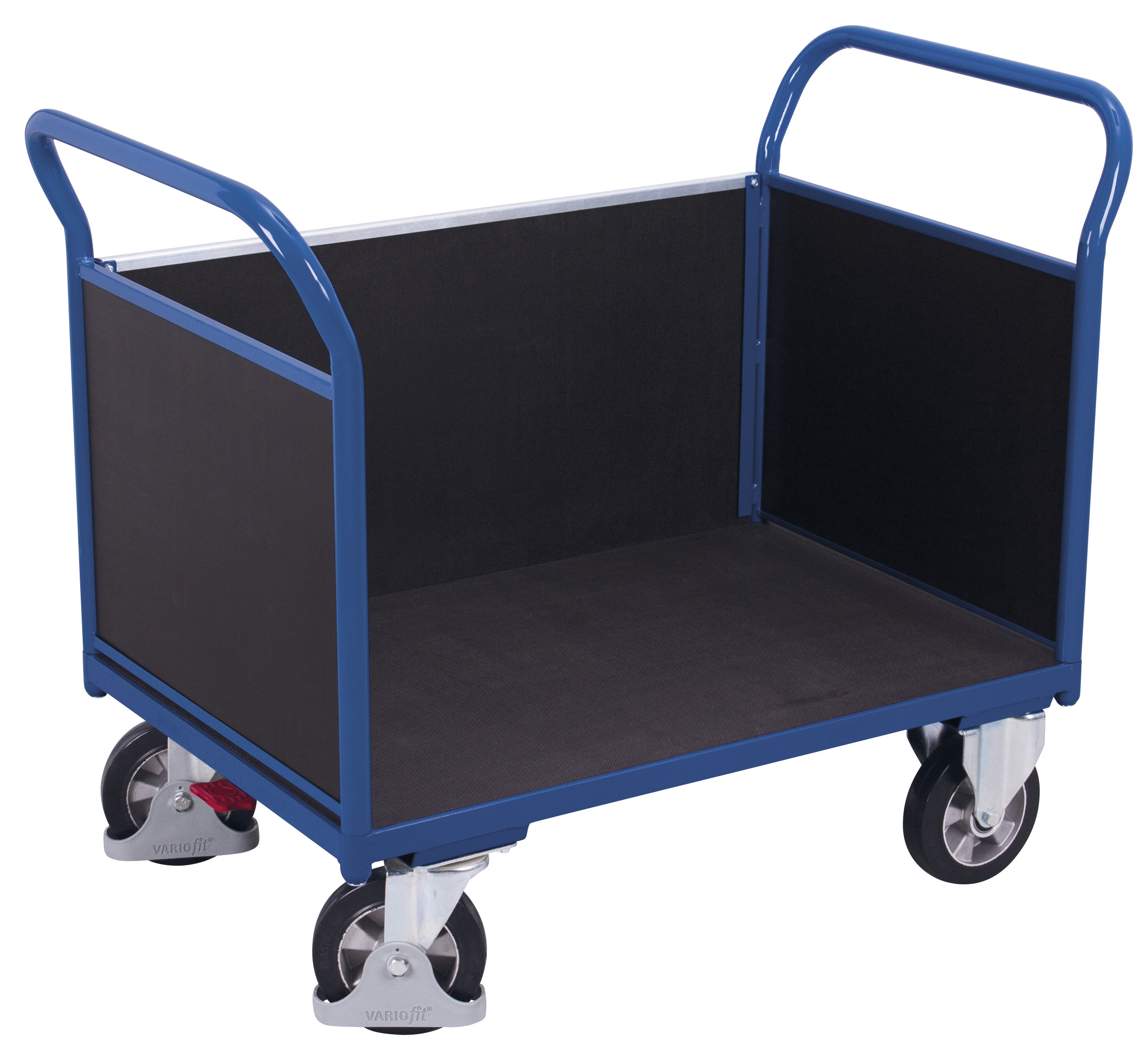 Kompakter Dreiwandwagen 1195 × 700 mm mit Siebdruckplatte, 1000 kg Traglast, RAL 5010, ideal für Lager & Werkstatt Extra großer Dreiwandwagen 2195 × 800 mm mit Siebdruckplatte, 1000 kg Traglast, RAL 5010, ideal für Lager & Werkstatt