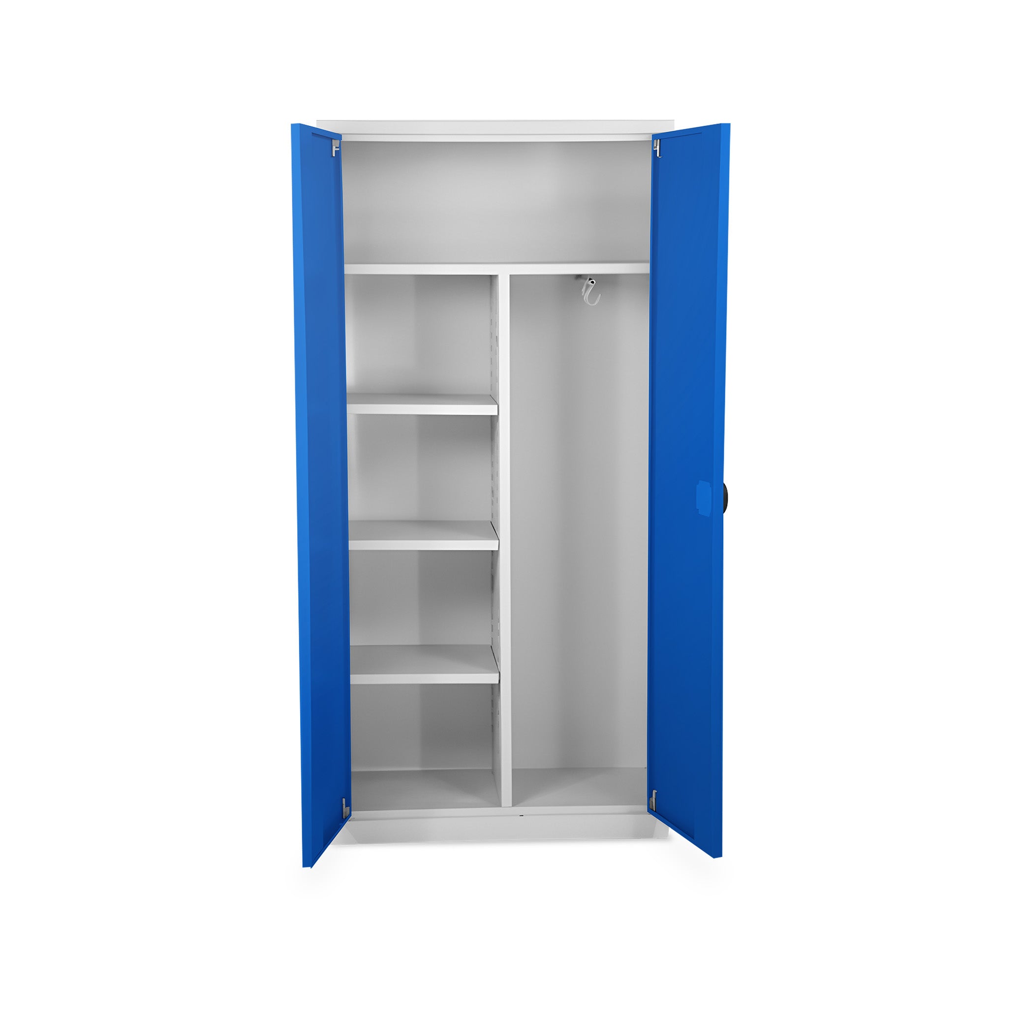 Kleider-/Aktenschrank 920 × 420 × 1950 mm, 5 Ordnerhöhen, 4 Fachböden, Farbe Lichtgrau / Enzianblau