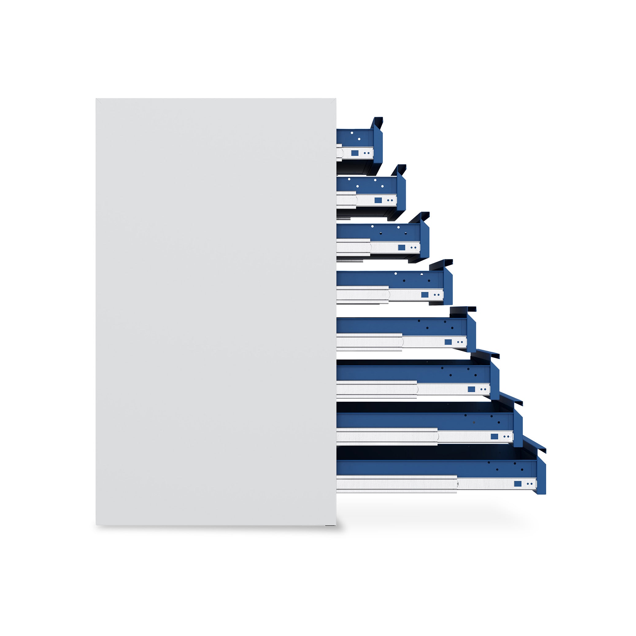 Stabiler Schubladenschrank 500 × 500 × 900 mm – mit 8 Schubladen, Farbe lichtgrau / enzianblau