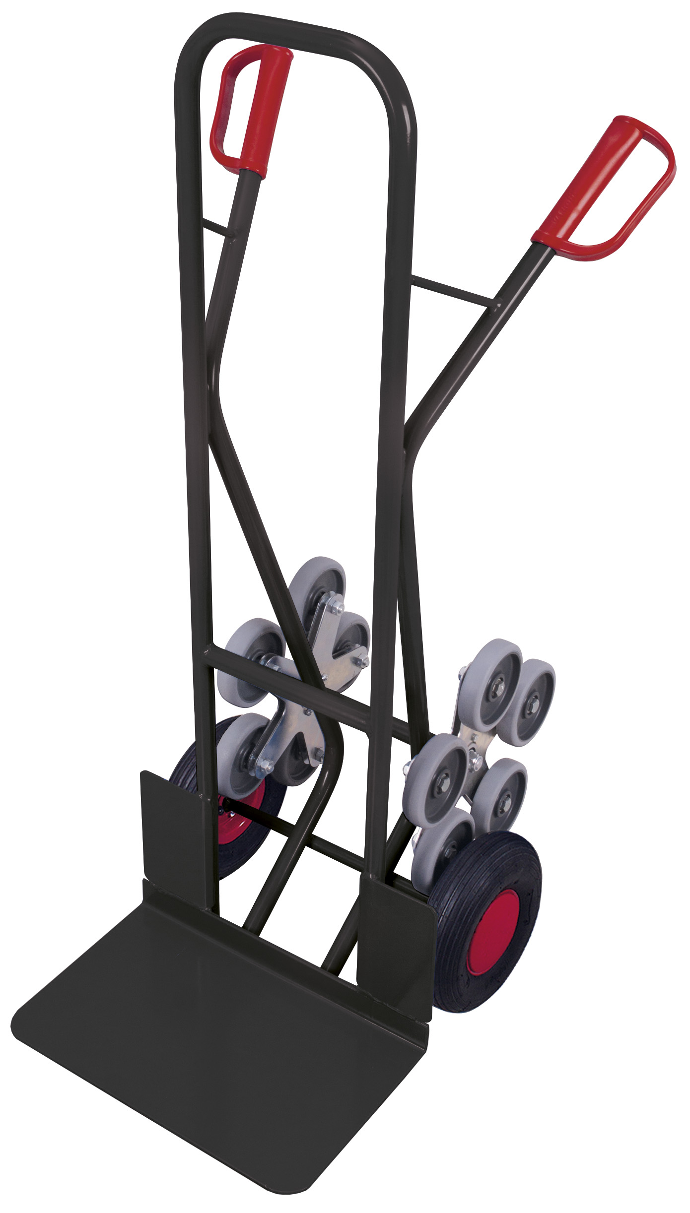 Strapazierfähige Treppenkarre 610 × 725 × 1310 mm mit fünfarmigen Radsternen, Luftbereifung, RAL 7016 Strapazierfähige Treppenkarre 610 × 725 × 1310 mm mit fünfarmigen Radsternen, Luftbereifung, RAL 7016