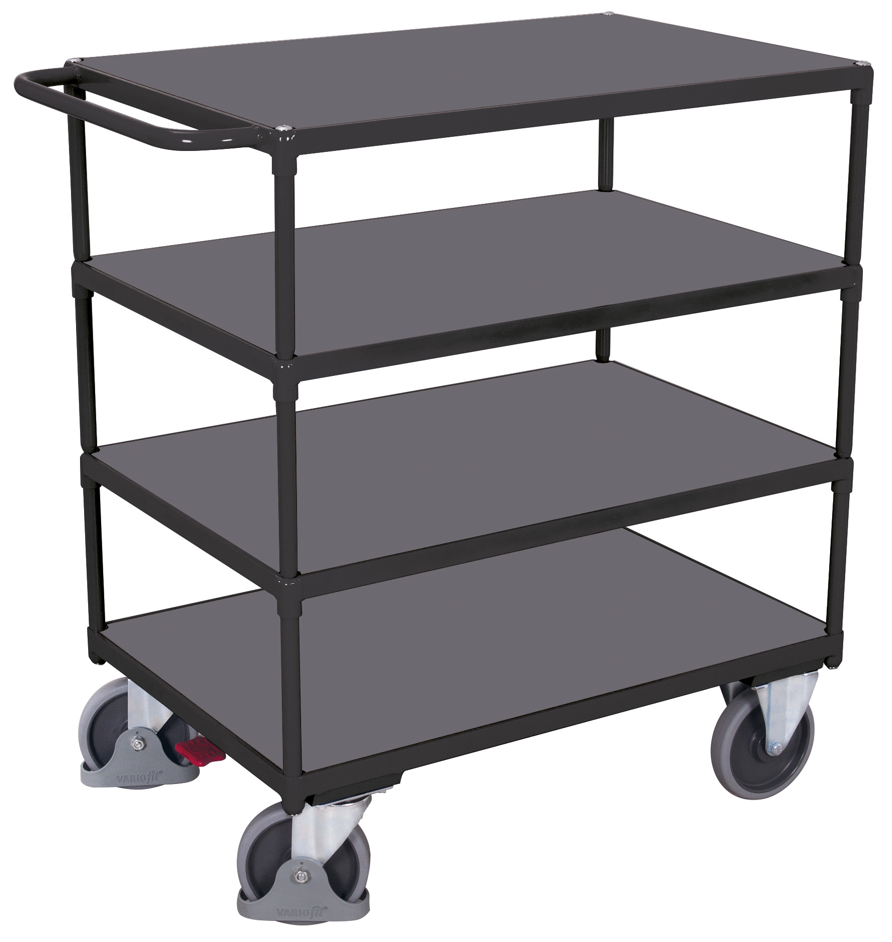 Leistungsstarker Tischwagen 1390 × 800 mm mit 4 Holzladeflächen, 500 kg Traglast, RAL 7016, ideal für Lager & Werkstatt