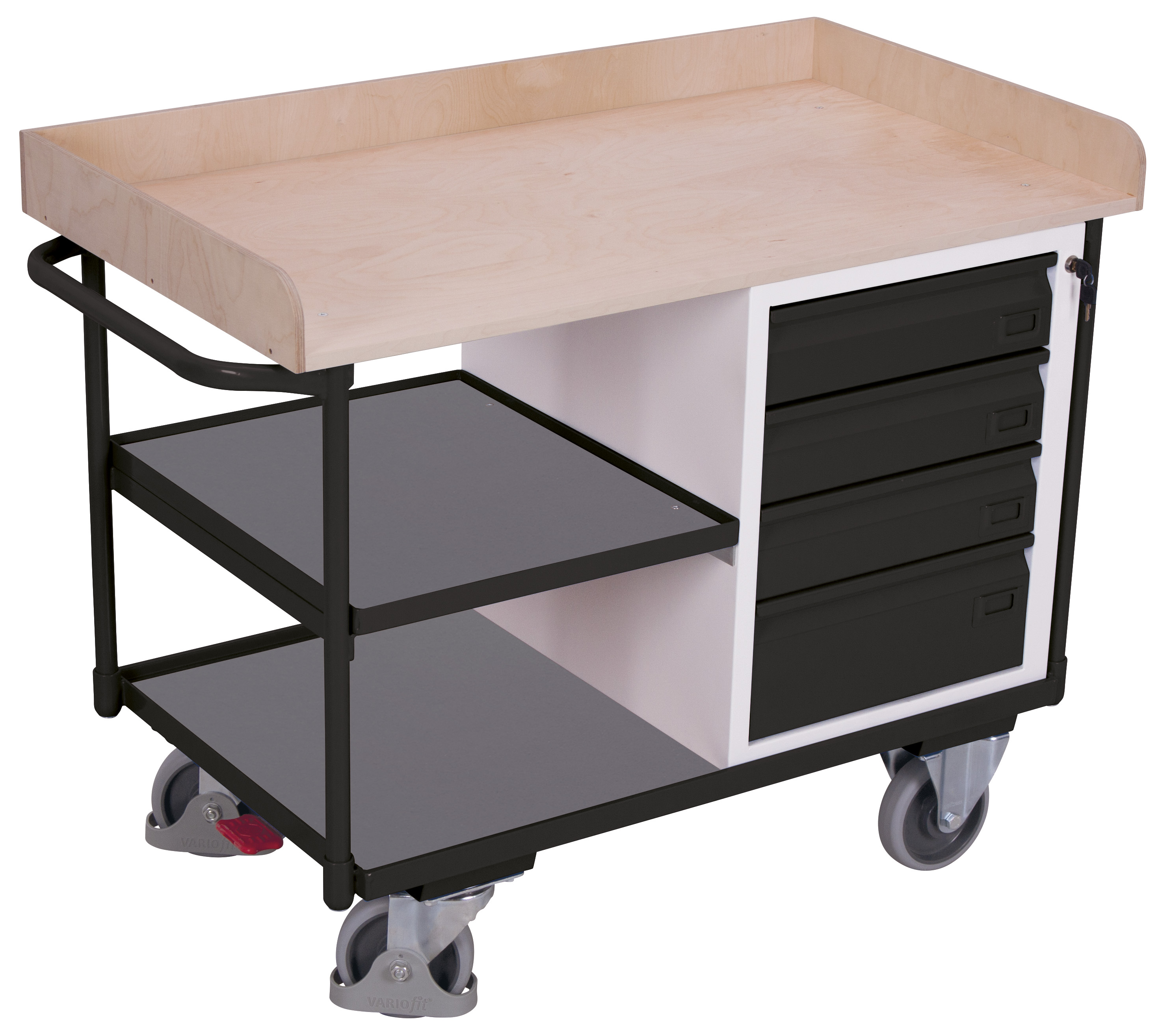 Organisierter Werkstattwagen 400 kg mit 3 Ladeflächen und Schubladen, RAL 7016, 1220 × 640 mm Organisierter Werkstattwagen 400 kg mit 3 Ladeflächen und Schubladen, RAL 7016, 1220 × 640 mm