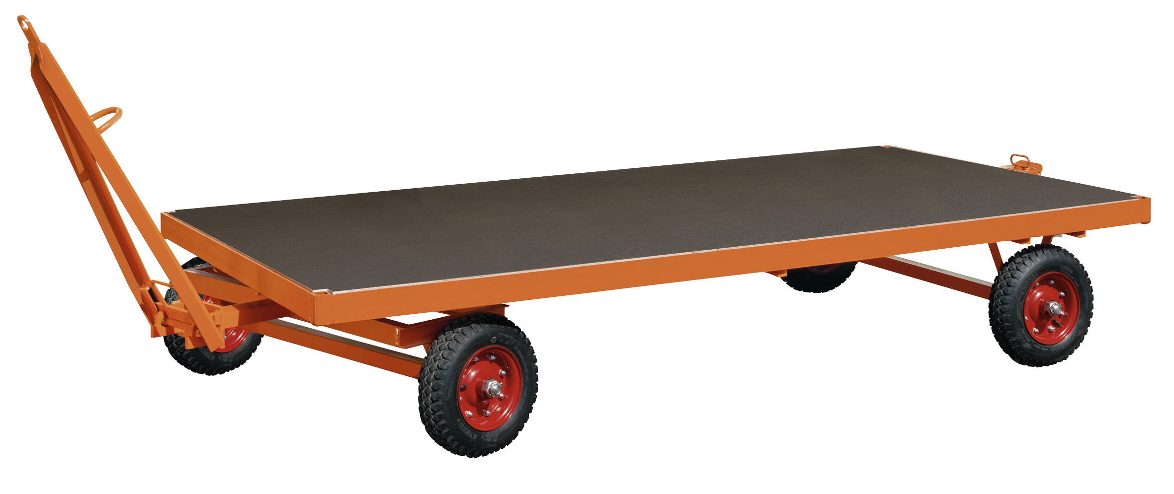 Robuster Industrieanhänger 2500 × 1250 mm mit 1-Achs-Drehschemellenkung, Luftbereifung, RAL 2004 reinorange Belastbarer Industrieanhänger 2500 × 1250 mm mit 1-Achs-Drehschemellenkung, Vollgummibereifung, RAL 2004 reinorange