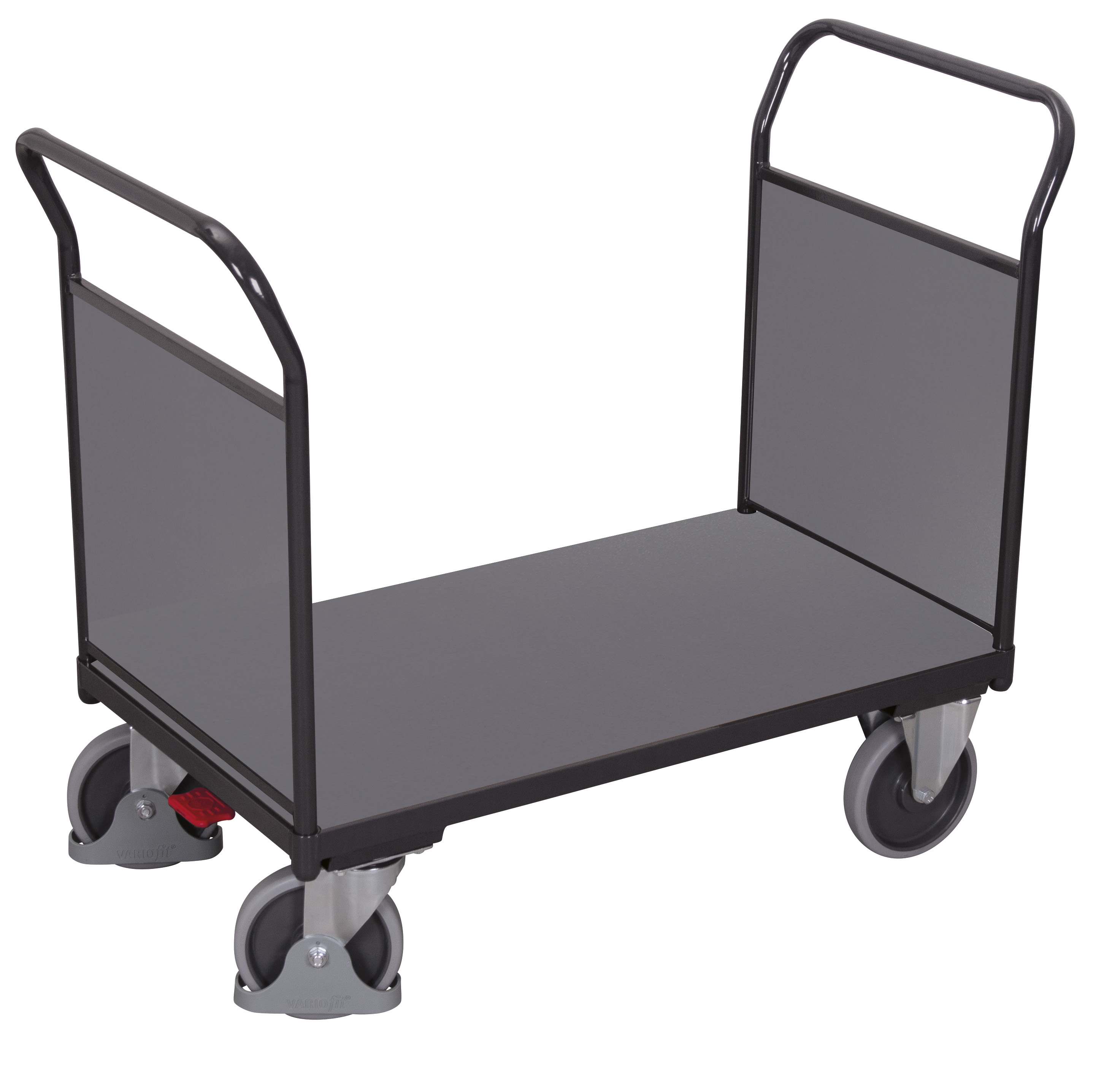 Kompakter Doppel-Stirnwandwagen 1040 × 500 mm mit Holzaufbau, 400 kg Traglast, RAL 7016, ideal für Lager & Werkstatt Solider Doppel-Stirnwandwagen 1190 × 600 mm mit Holzaufbau, 500 kg Traglast, RAL 7016, ideal für Lager & Werkstatt
