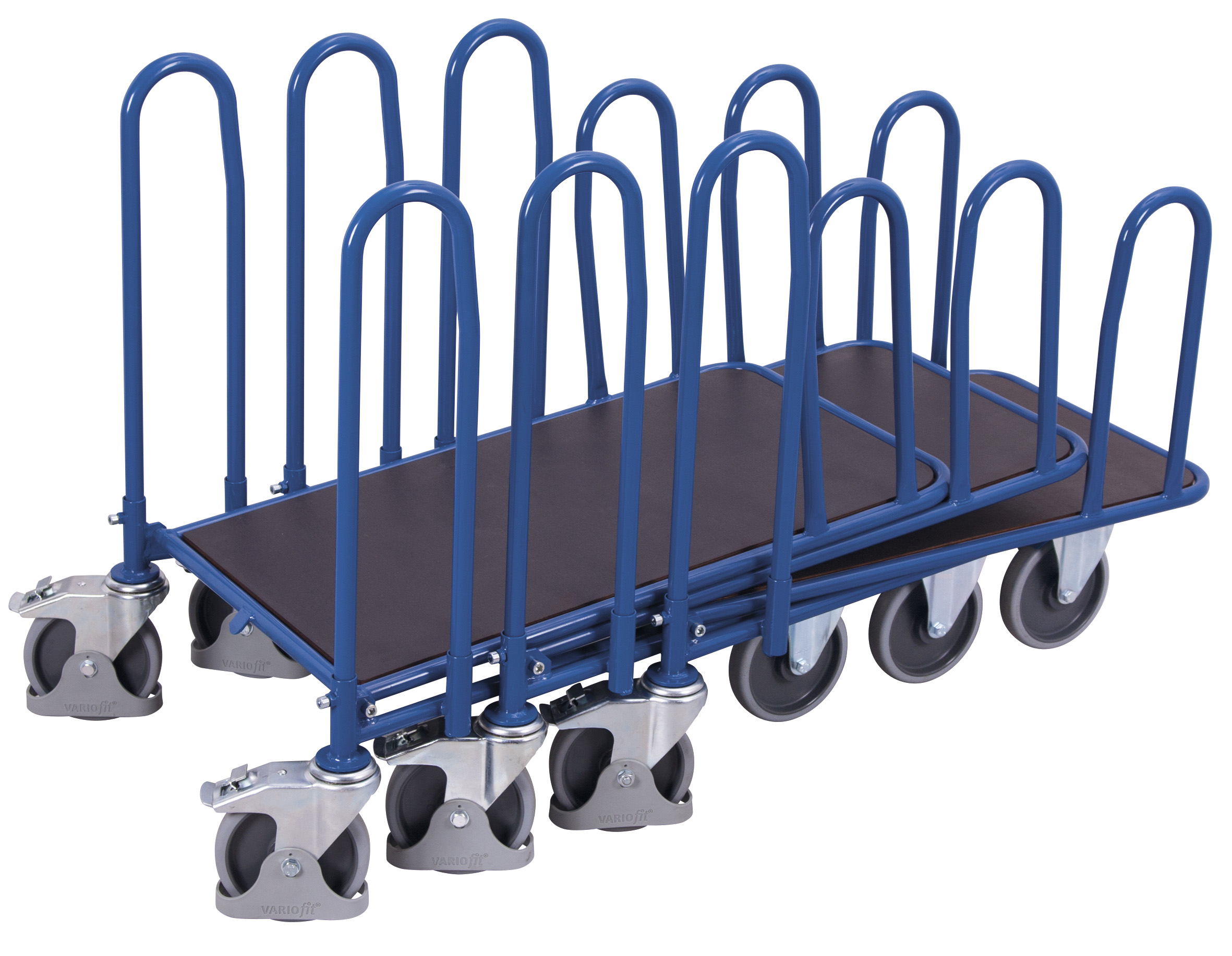 Stabiler C+C Wagen mit 4 Seitenbügeln 1100 × 740 mm mit Siebdruck-Ladefläche, 500 kg Traglast, RAL 5010, ideal für Lager & Werkstatt
