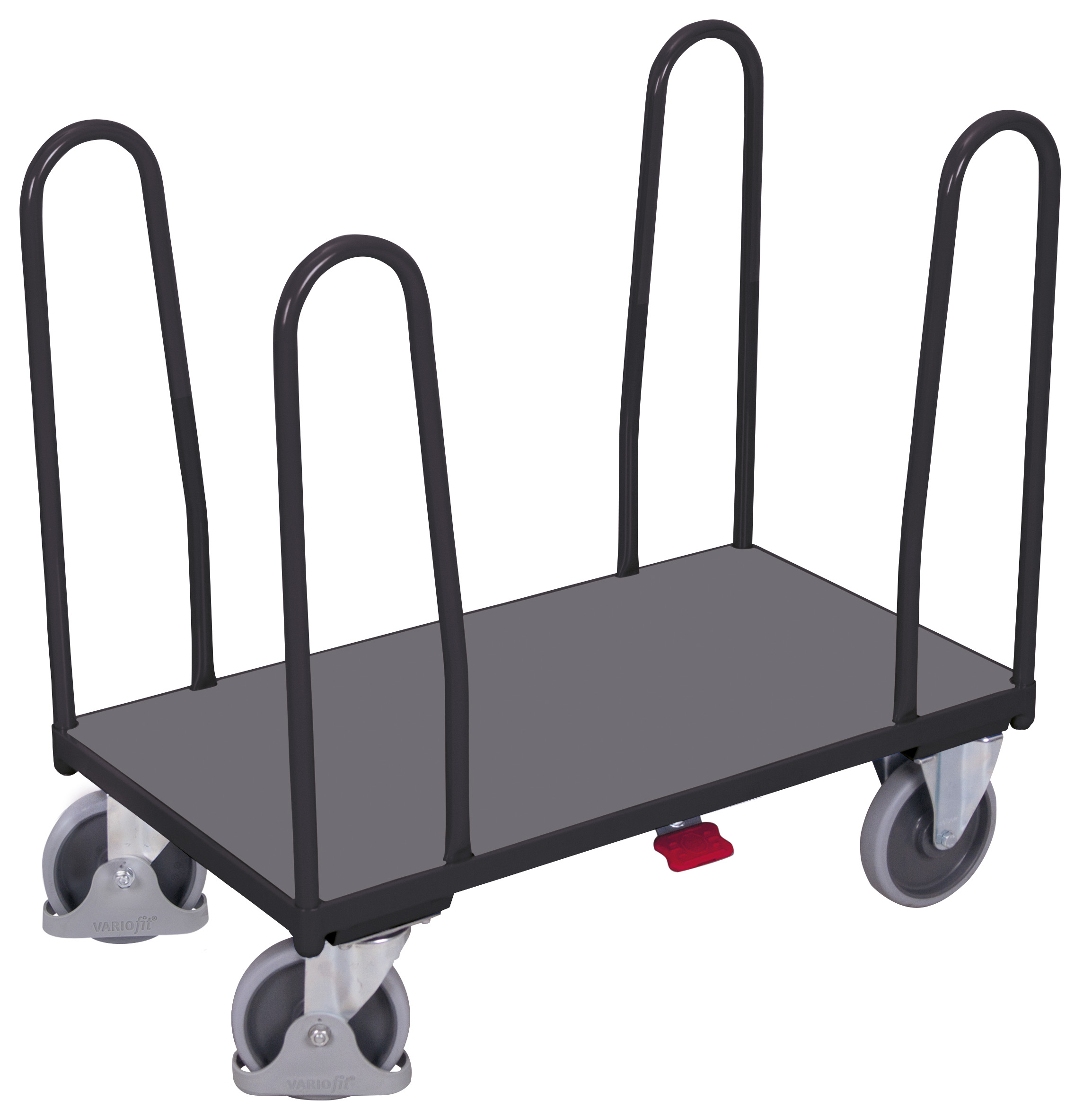 Kompakter Seitenbügelwagen 910 × 500 mm mit 4 Bügeln, 400 kg Traglast, RAL 7016, ideal für Lager & Werkstatt Großformatiger Seitenbügelwagen 1260 × 800 mm mit 4 Bügeln, 500 kg Traglast, RAL 7016, ideal für Lager & Werkstatt