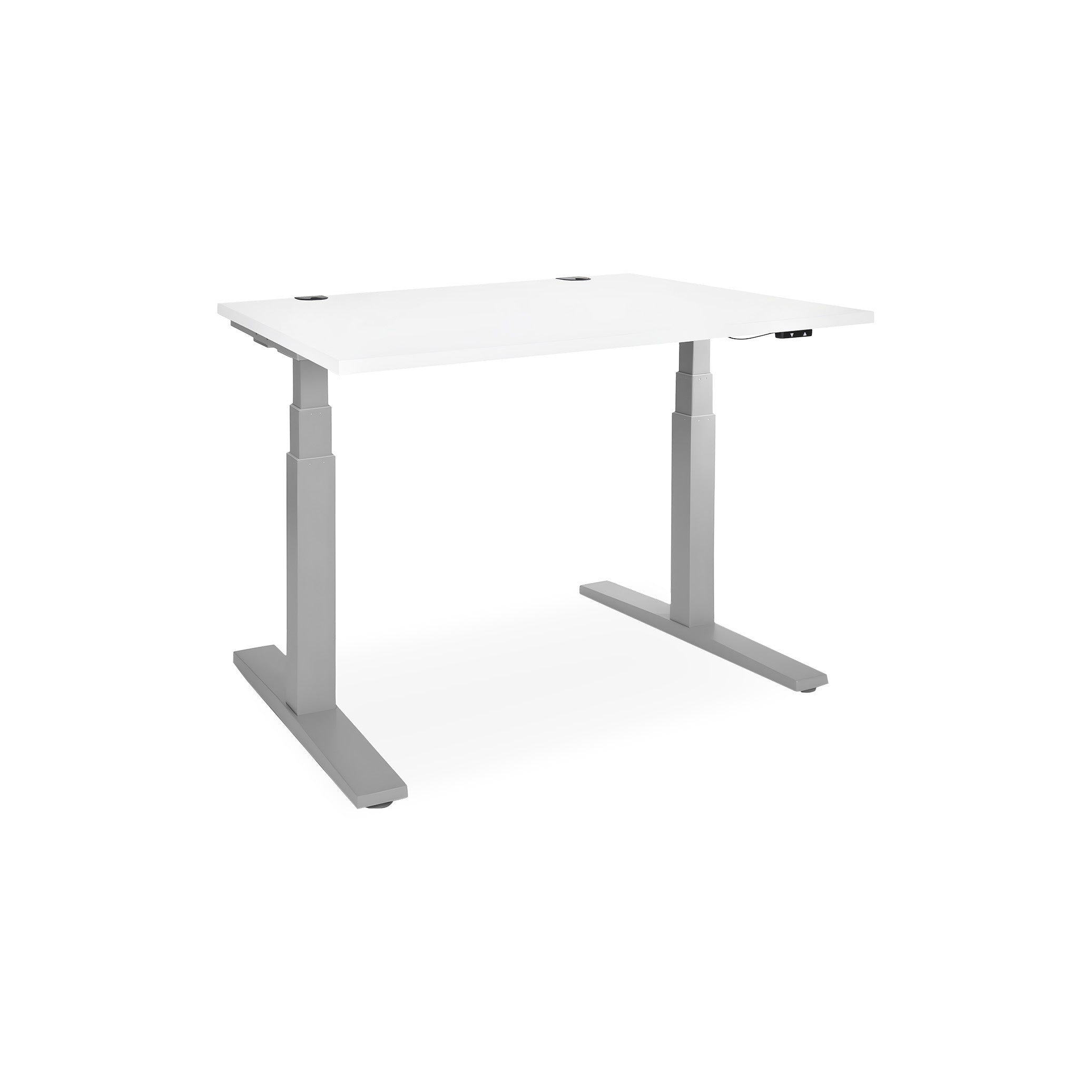 Schreibtisch elektrisch höhenverstellbar 1200 x 800 mm – Höhe 610-1250 mm, Farbe Weißaluminium / Weiß