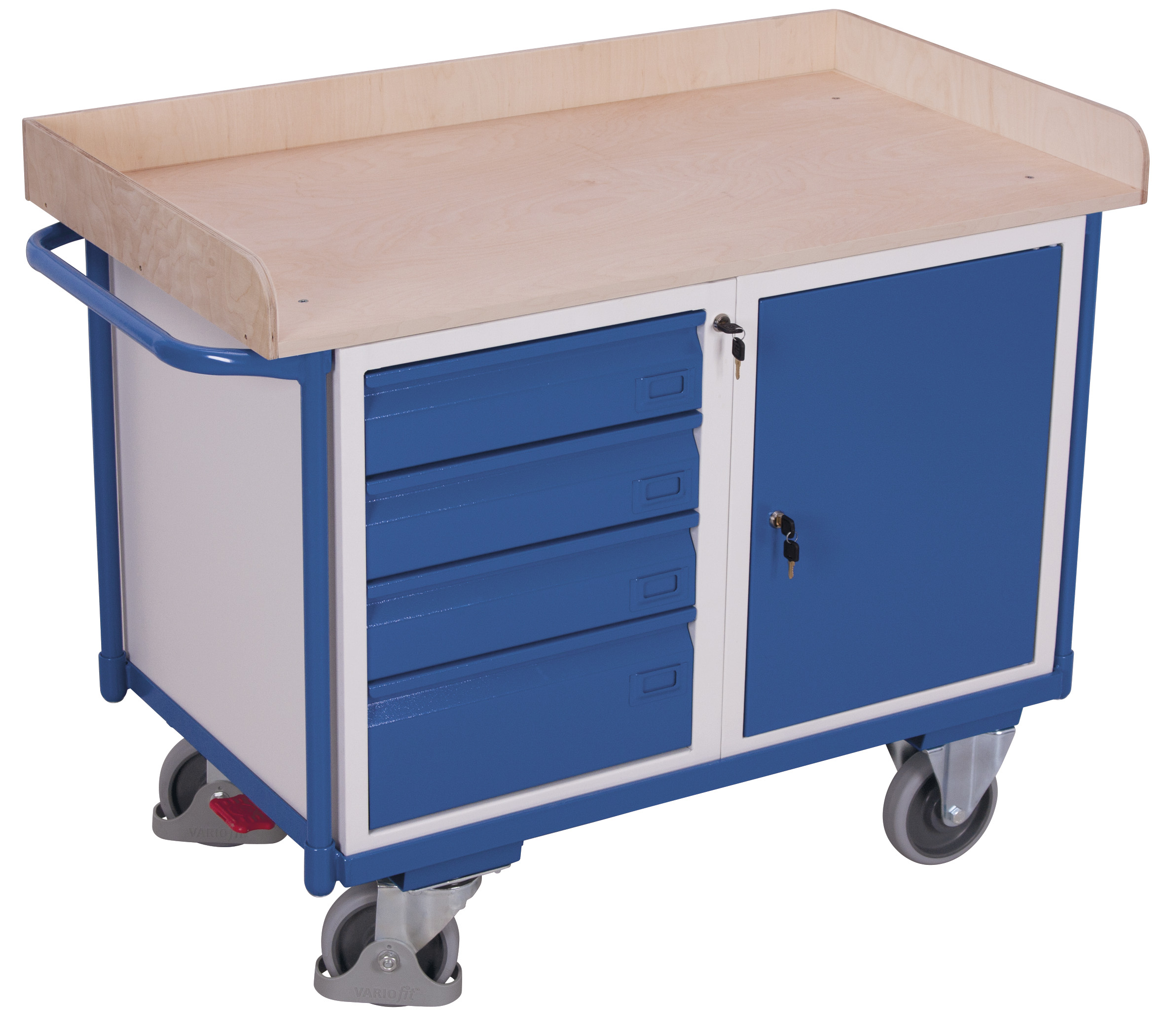 Zuverlässiger Werkstattwagen 400 kg mit 1 Ladefläche und Schubladen, RAL 5010, 1220 × 640 mm Zuverlässiger Werkstattwagen 400 kg mit 1 Ladefläche und Schubladen, RAL 5010, 1220 × 640 mm