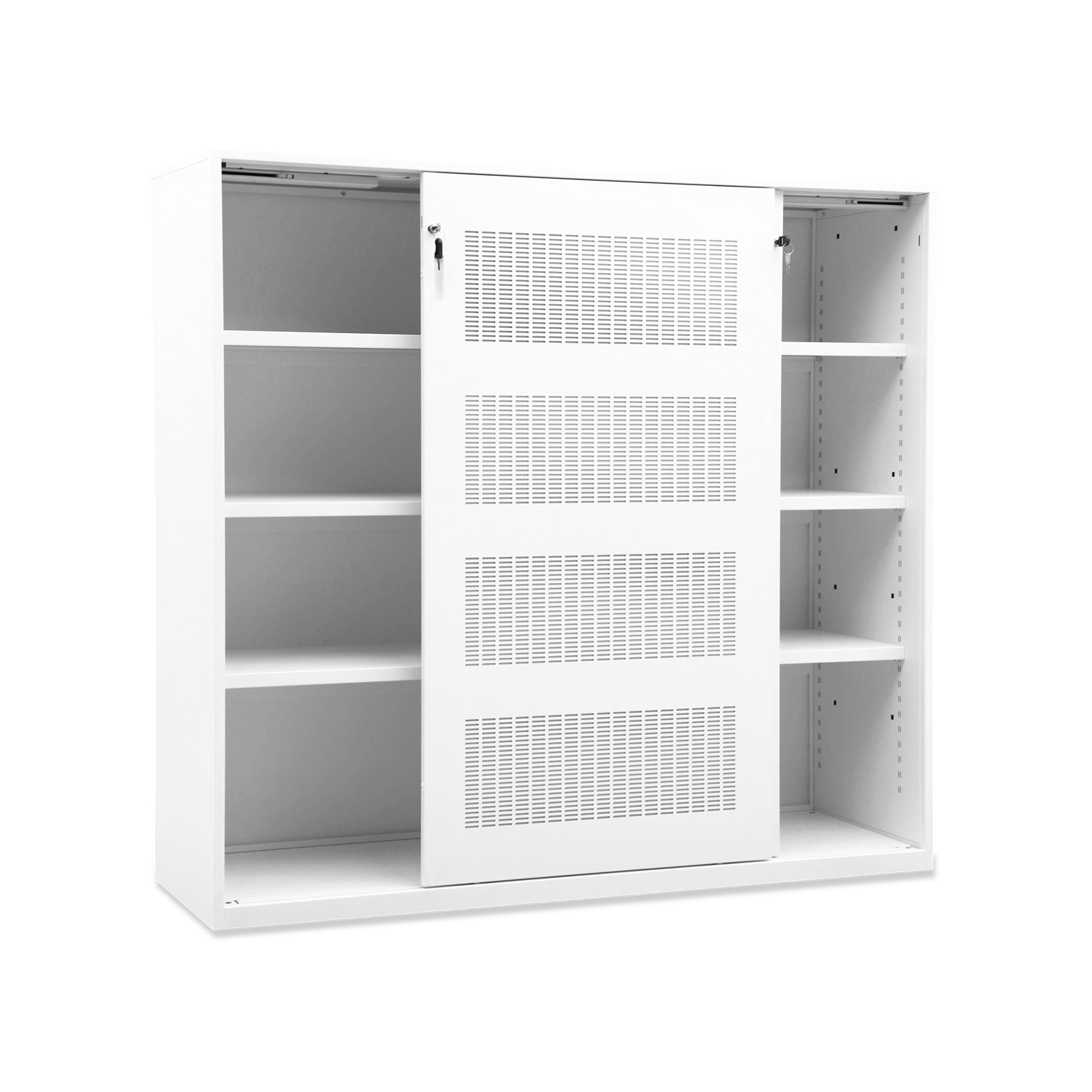 Schallreduzierender Akustikschrank 2000 × 500 × 1600 mm, mit Softclose-Schiebetüren, vlies weiß, 4 OH Schallreduzierender Akustikschrank 2000 × 500 × 1600 mm, mit Softclose-Schiebetüren, vlies weiß, 4 OH