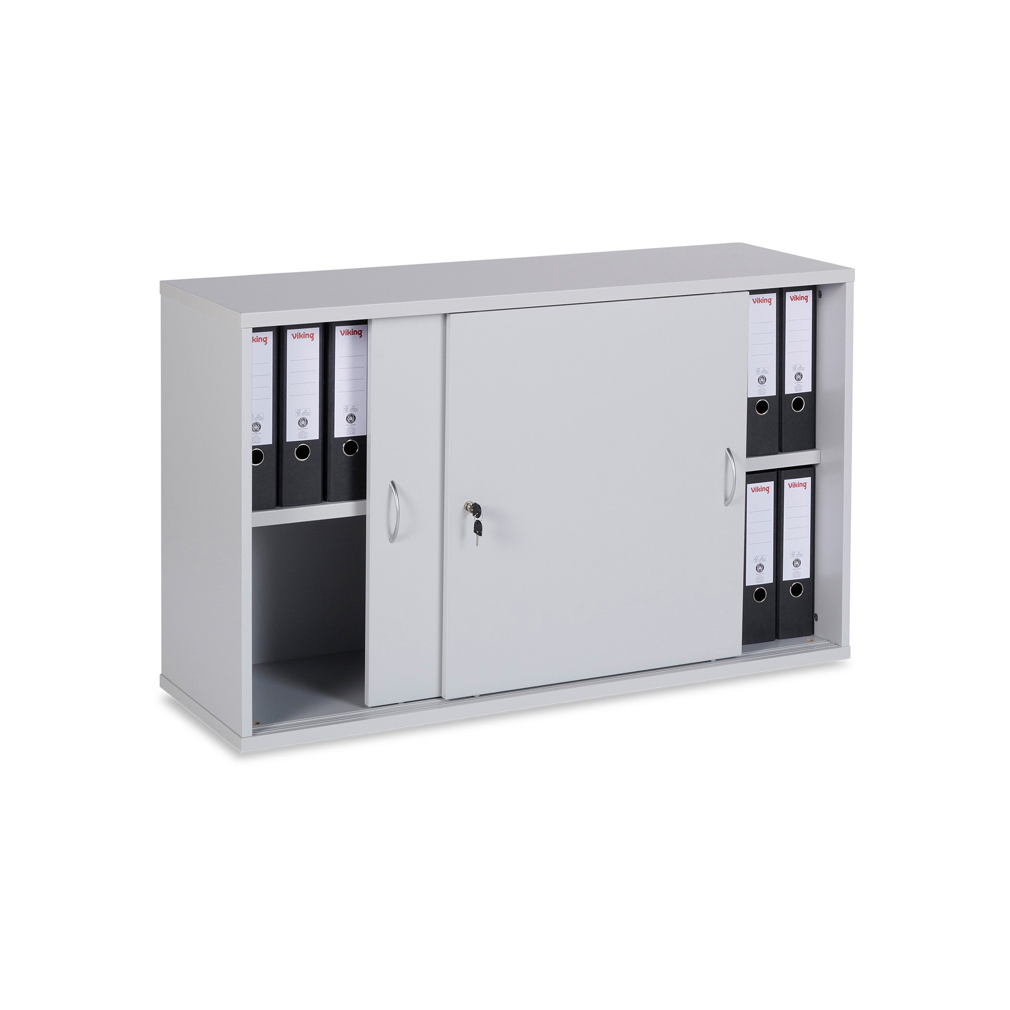 Kompakter Schiebetürenschrank 1200 × 400 × 740 mm, 2 Ordnerhöhen, Farbe Grau/Grau