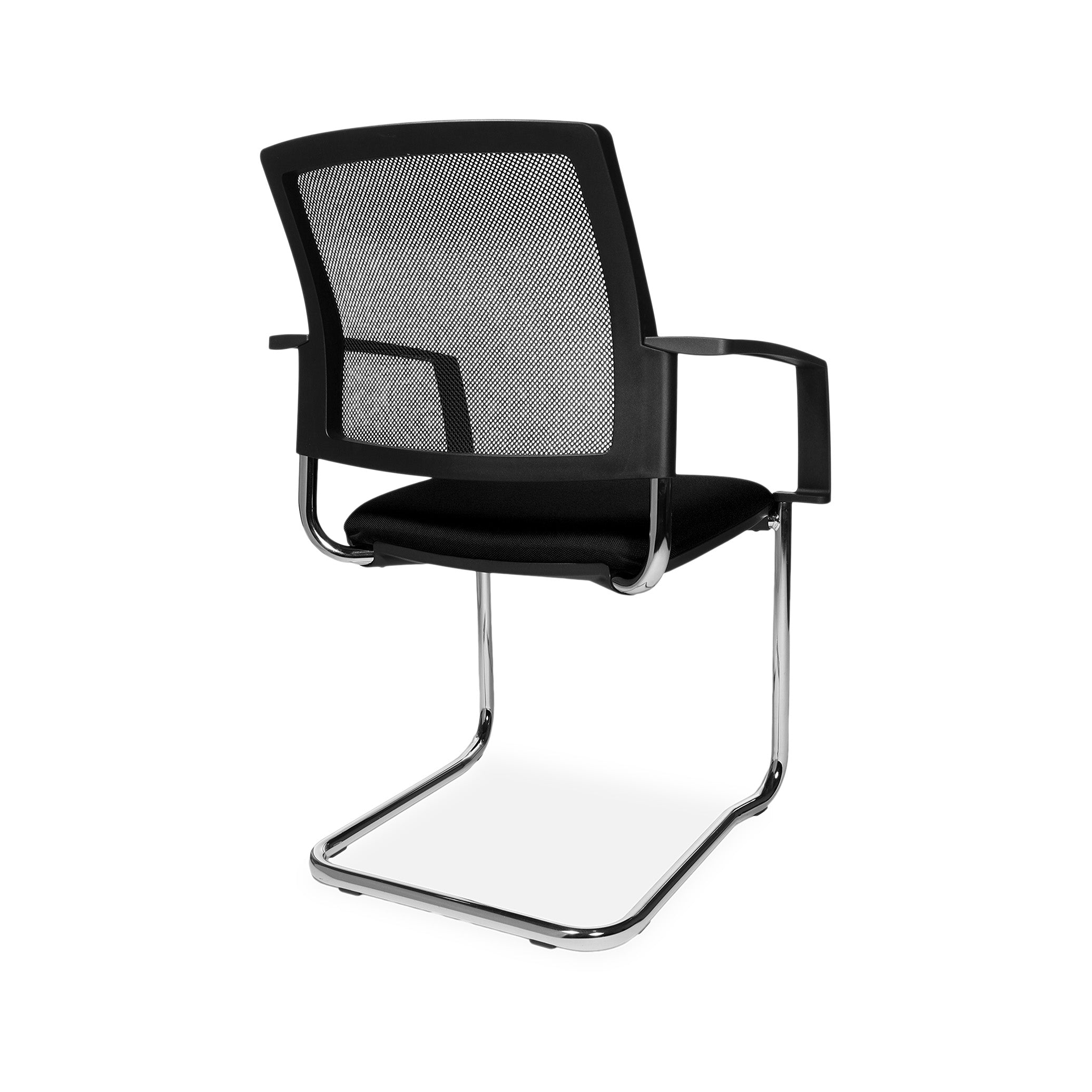 Freischwinger BTOB 20 mit Netzrücken und Chromgestell – stapelbar bis 6 – für Konferenz & Empfang – Schwarzes Polster – bequem & repräsentativ