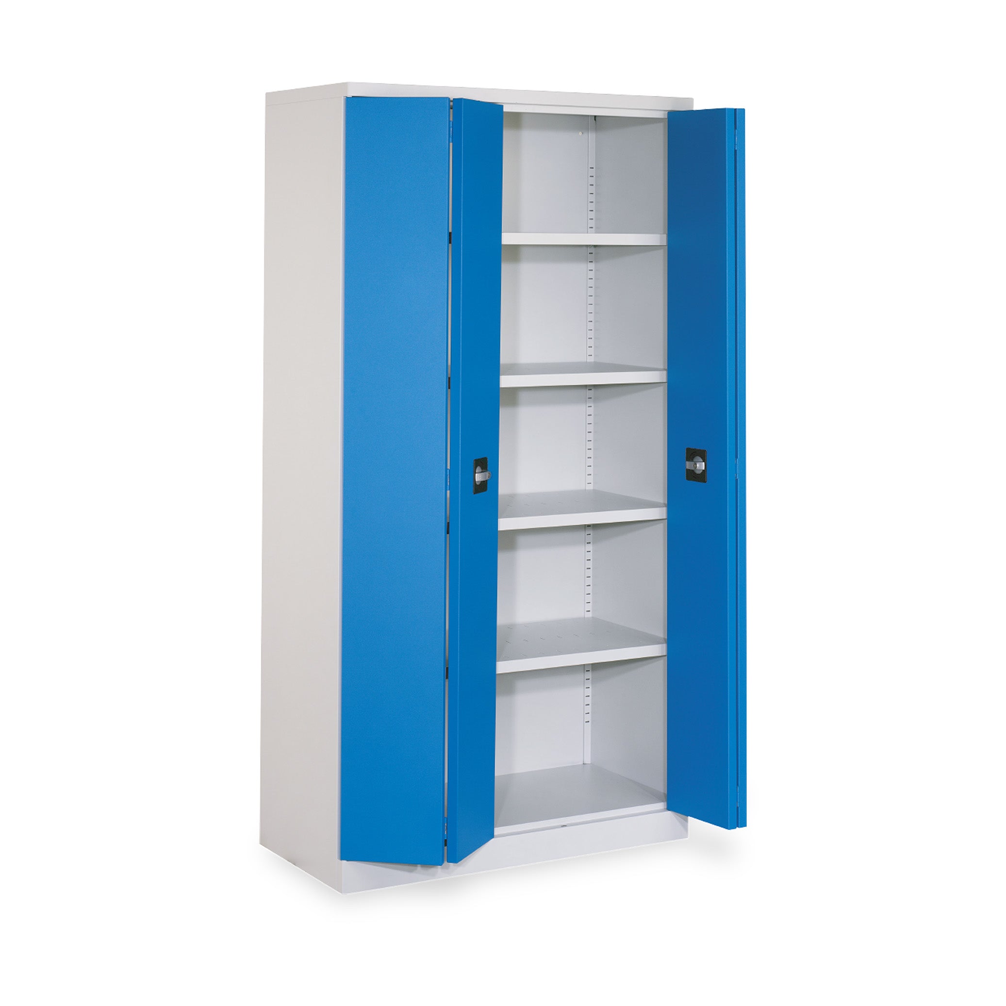 Stabiler Werkstattschrank mit Falttüren 1000 × 500 × 1950 mm, Farbe lichtgrau / enzianblau, 4 Fachböden