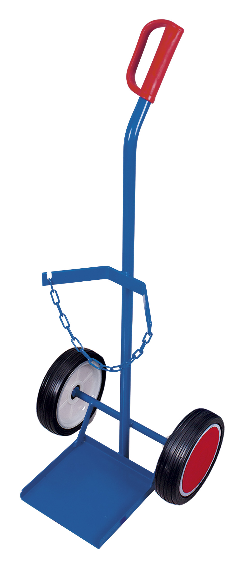 Zuverlässige Stahlflaschenkarre für 1 Flasche 20, 40 oder 50 Ltr., 100 kg Traglast, Vollgummibereifung, RAL 5010, ideal für sicheren Transport