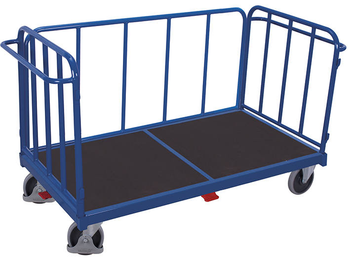 Vielseitiger Dreiwandwagen 1575 × 900 mm mit senkrechten Streben und Sperrholzboden, 500 kg Traglast, RAL 5010 Vielseitiger Dreiwandwagen 1875 × 900 mm mit senkrechten Streben und Sperrholzboden, 500 kg Traglast, RAL 5010
