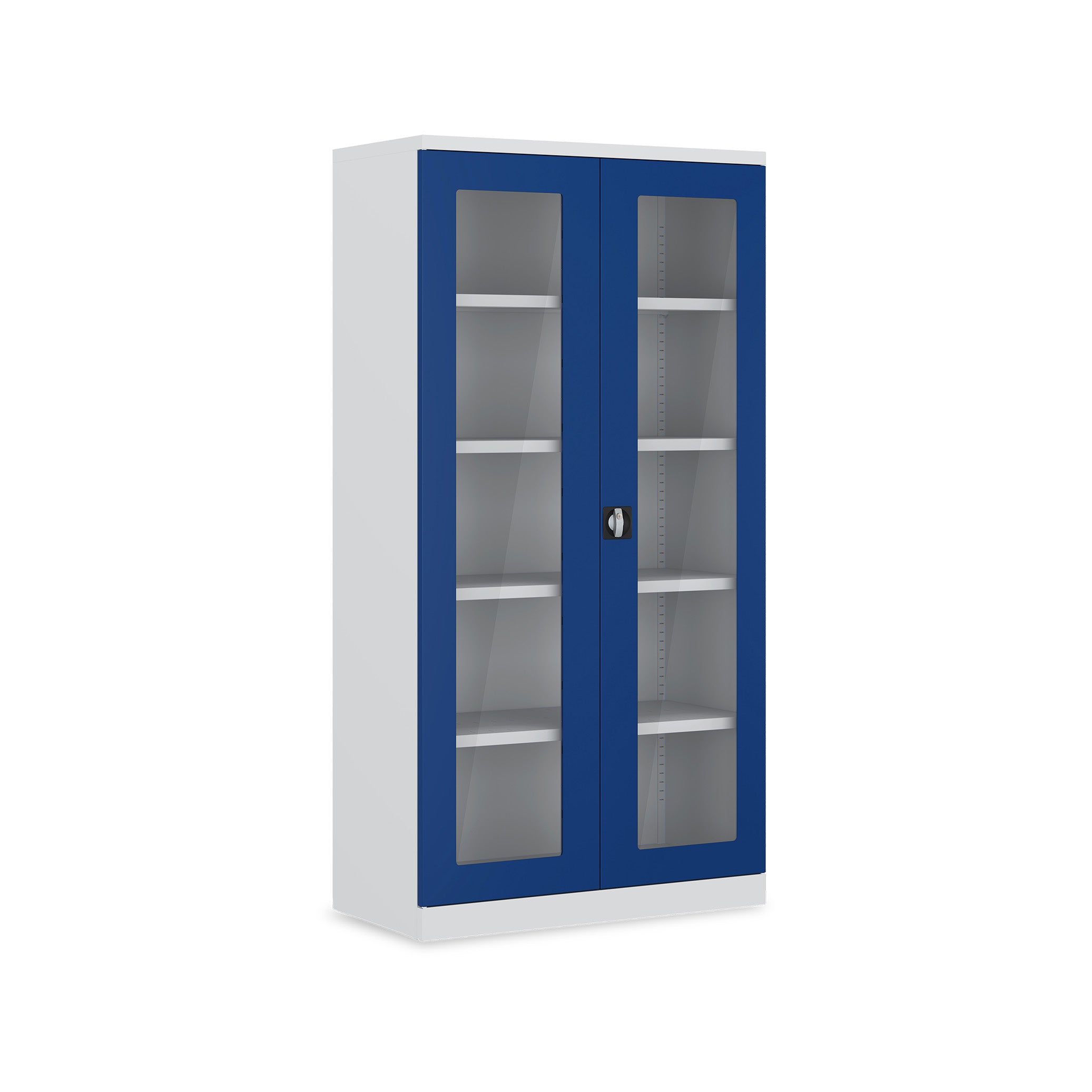 Werkstattschrank mit Acrylglasfenstern 1000 × 500 × 1950 mm – 4 Fachböden, Farbe lichtgrau / enzianblau