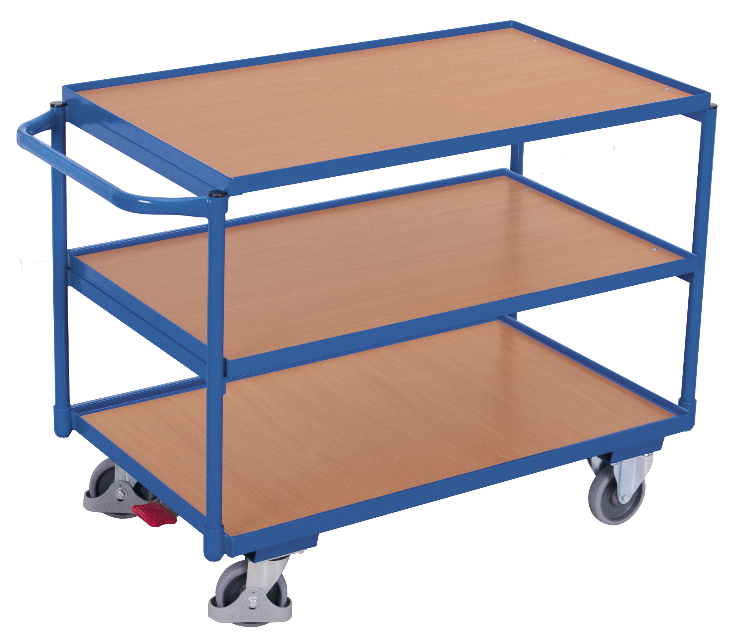 Geräumiger Tischwagen 1175 × 625 mm mit 3 Holzladeflächen, 250 kg Traglast, RAL 5010, ideal für Werkstatt & Kommissionierung Praktischer Tischwagen 1025 × 525 mm mit 3 Holzladeflächen, 250 kg Traglast, RAL 5010, ideal für Werkstatt & Kommissionierung