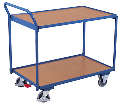 Hoher Tischwagen 1125 × 625 mm mit 2 Holzladeflächen, 250 kg Traglast, RAL 5010, ideal für Werkstatt & Kommissionierung Hoher Tischwagen 975 × 525 mm mit 2 Holzladeflächen, 250 kg Traglast, RAL 5010, ideal für Werkstatt & Kommissionierung
