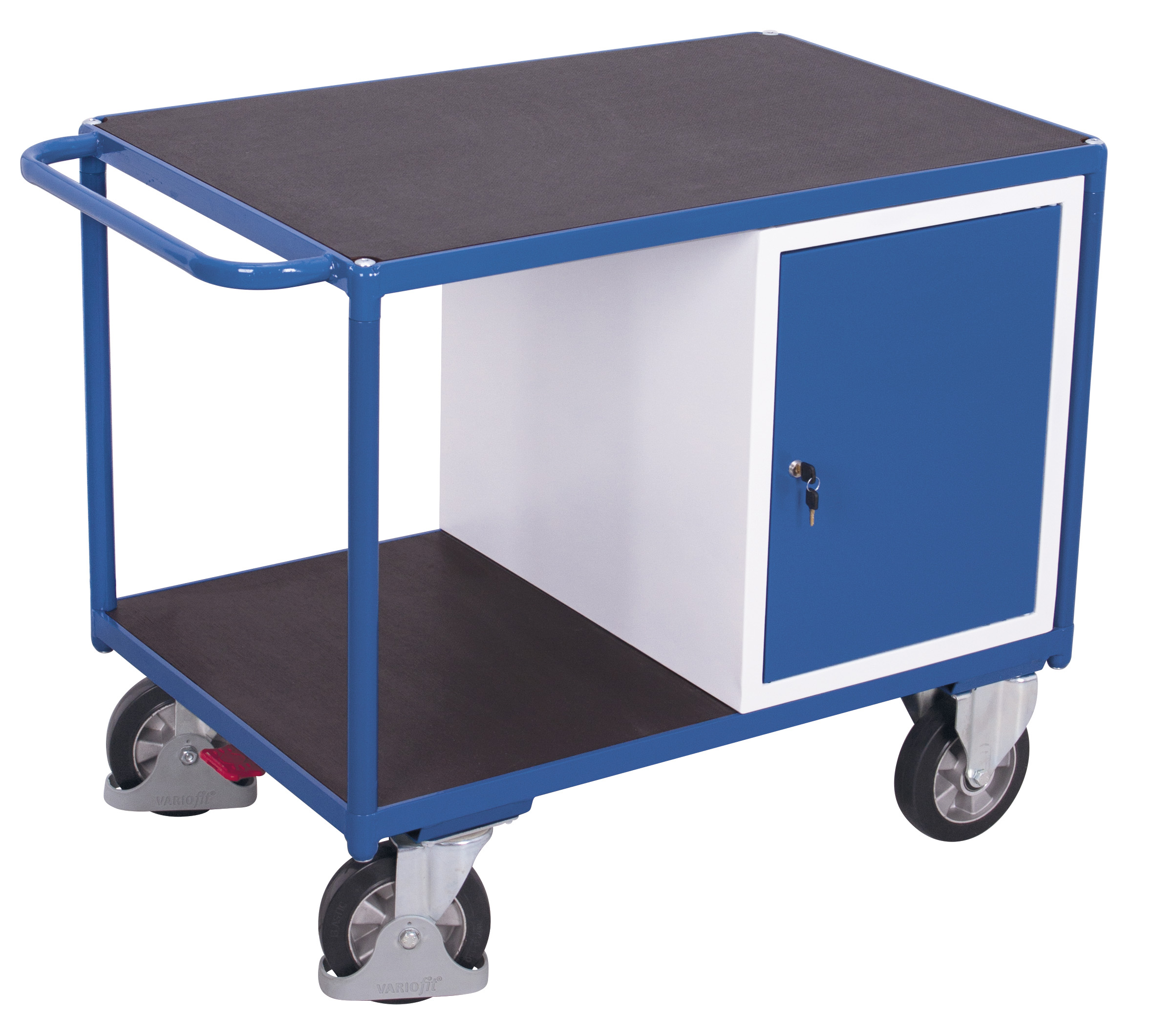 Extrem belastbarer Werkstattwagen 1000 kg mit 2 Ladeflächen und Schrank, RAL 5010, 1190 × 700 mm Extrem robuster Werkstattwagen 1000 kg mit 2 Ladeflächen und Schrank, RAL 5010, 1390 × 800 mm