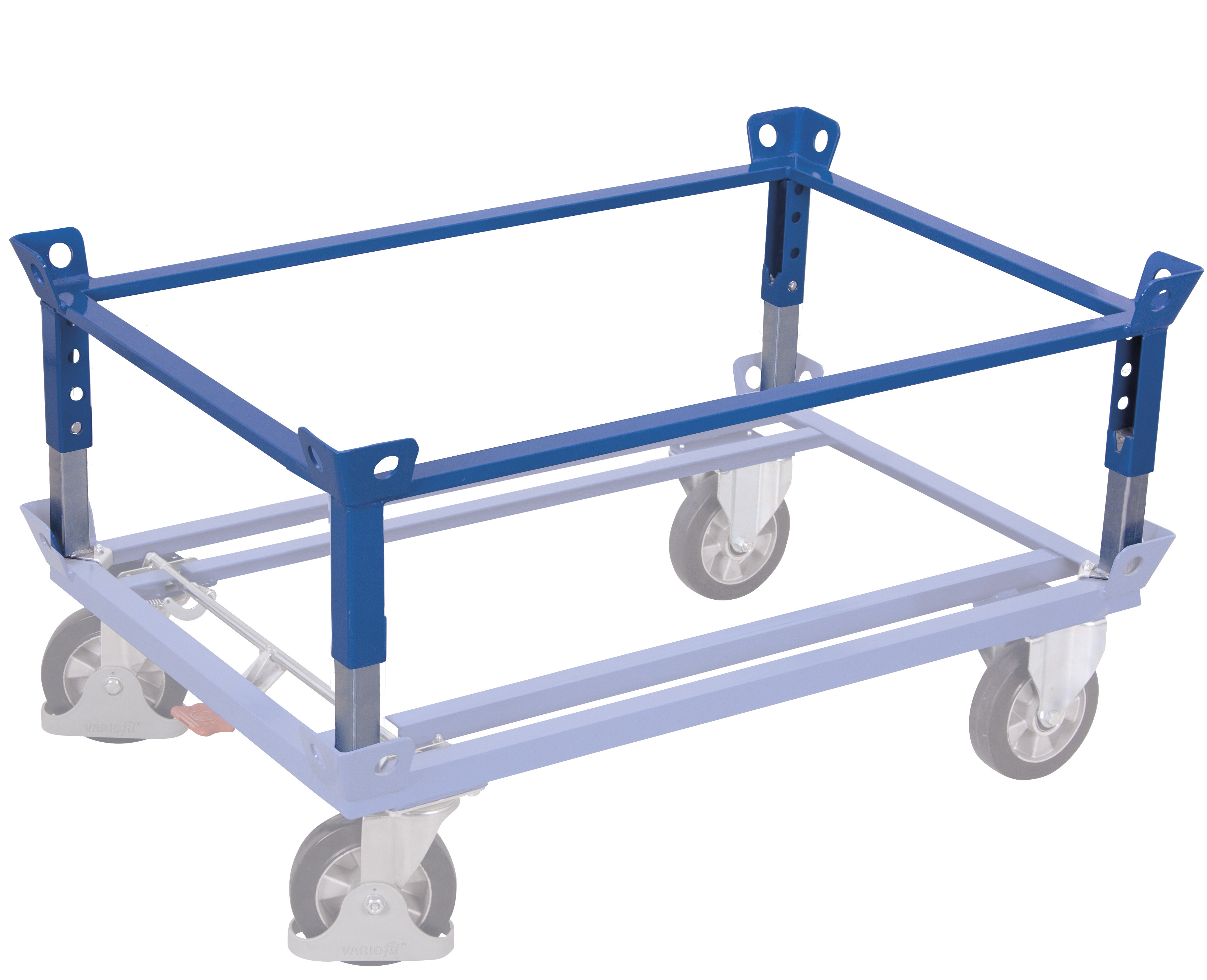 Anpassbarer Aufsatzrahmen 1270 × 1070 mm aus Stahl mit 4 Ladehöhen, RAL 5010, passend für Fahrgestelle, ideal für Lager & Werkstatt