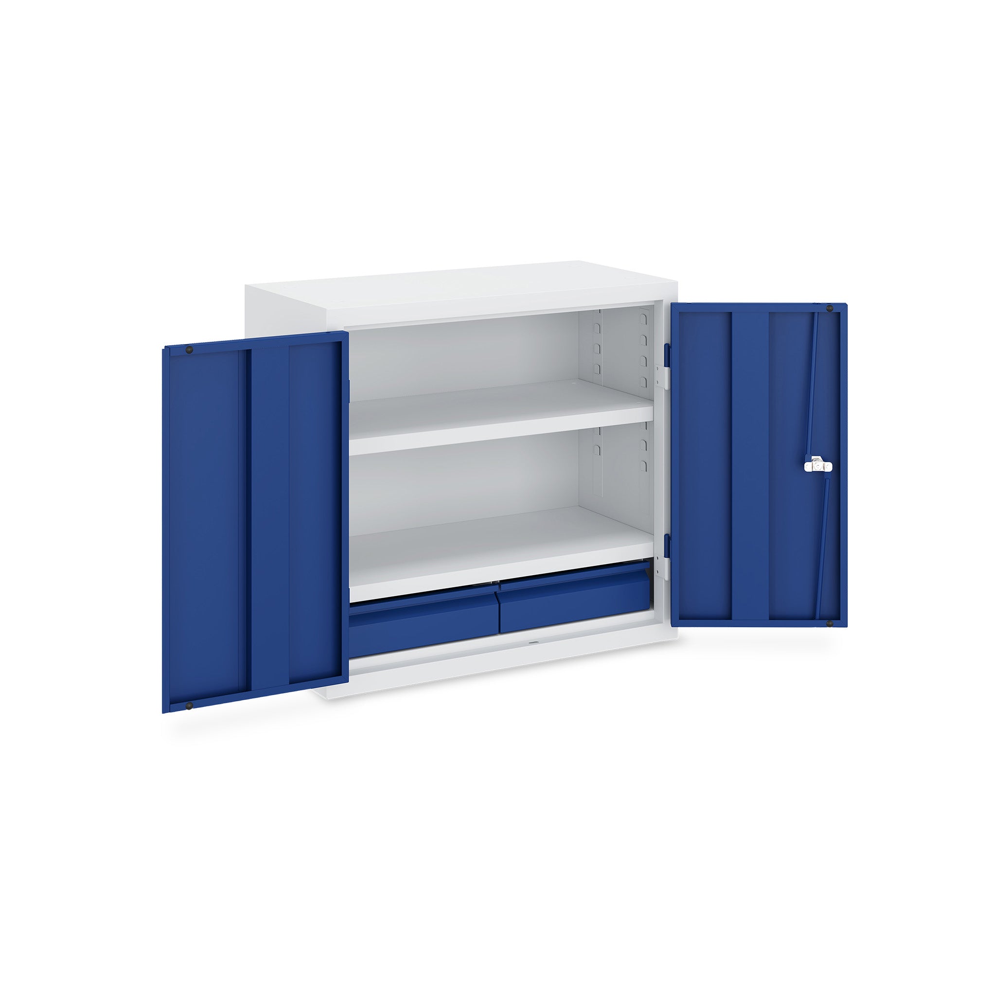 Werkstatt-Hängeschrank 650 × 320 × 600 mm – 2 Fachböden, 2 Schubladen, Farbe lichtgrau / enzianblau