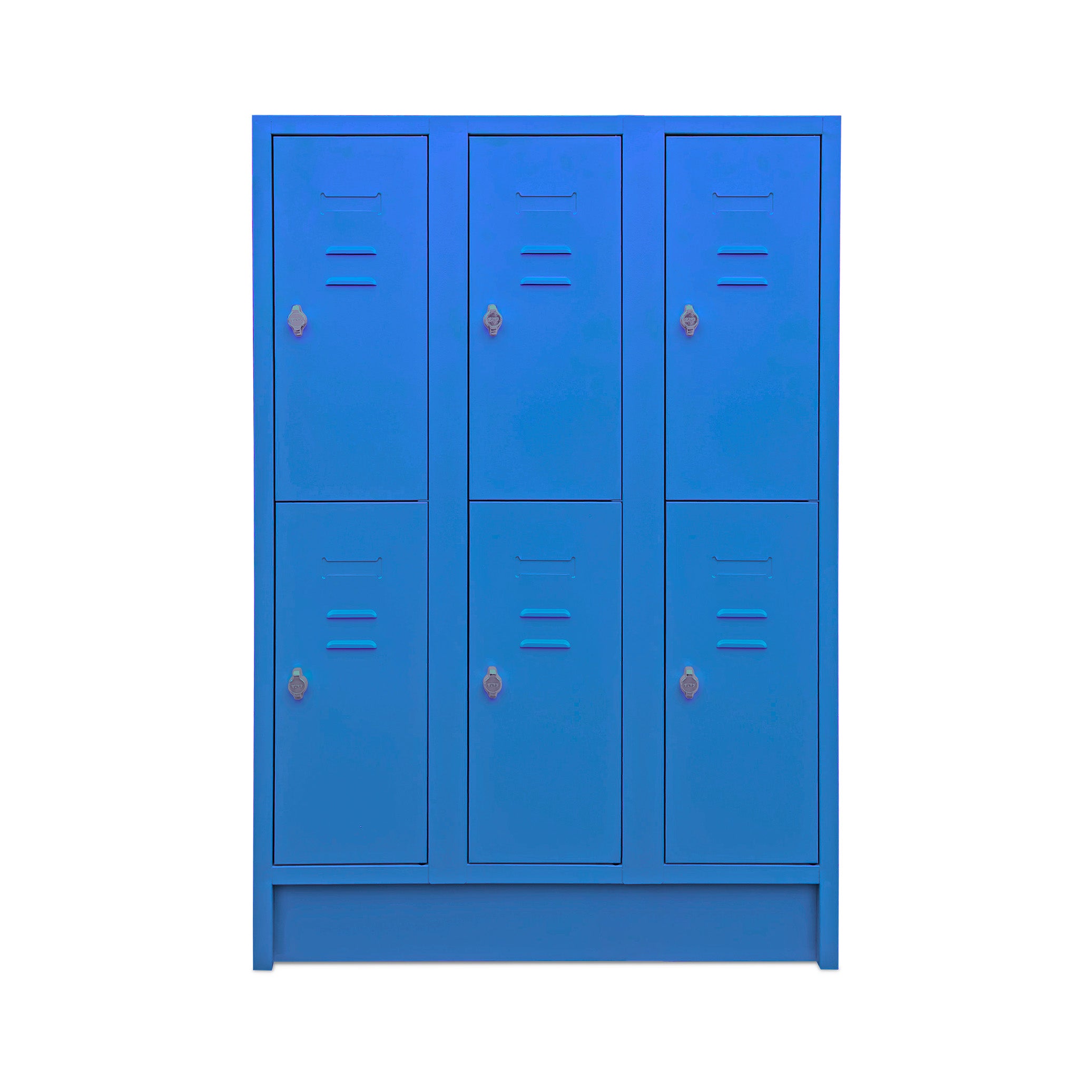 Farbenfr Ordnerhöhener Schul-Fächerspind mit 3 Abteilen und je 2 Fächern – 1600 mm Höhe – Enzianblau für frische Akzente