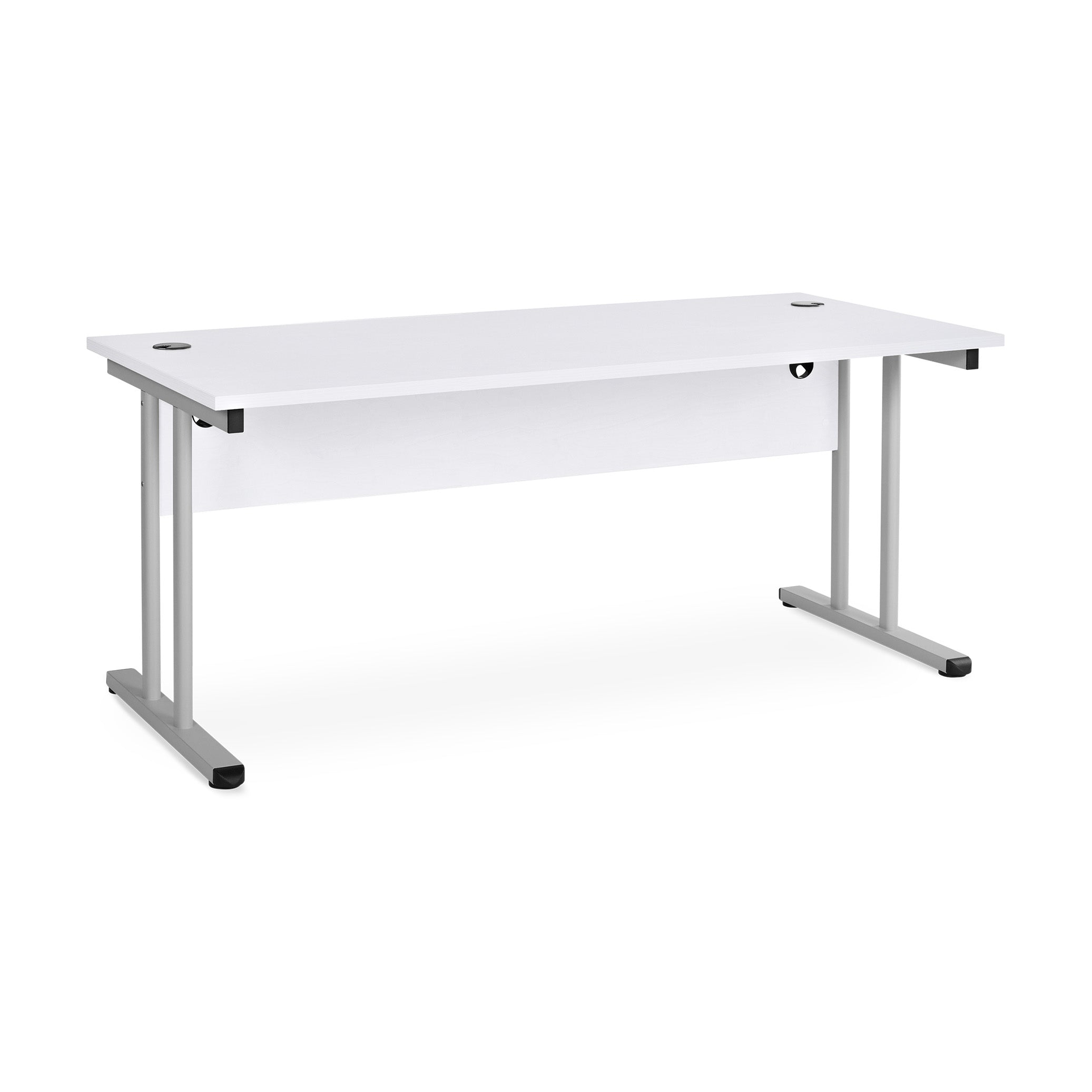 Schreibtisch mit T-Fuß, 1800 x 800 mm, feste Höhe 730 mm, mit Knieraumblende, Farbe weißaluminium / weiß