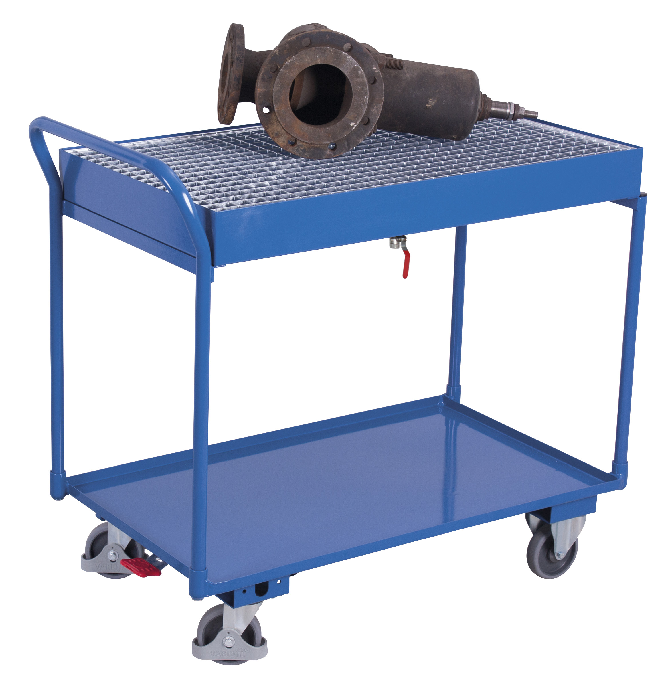 Funktionaler Ölsicherer Tischwagen 1125 × 610 mm mit 2 Wannen-Ladeflächen und Gitterrost, 250 kg Traglast, RAL 5010, ideal für Werkstatt & Betrieb