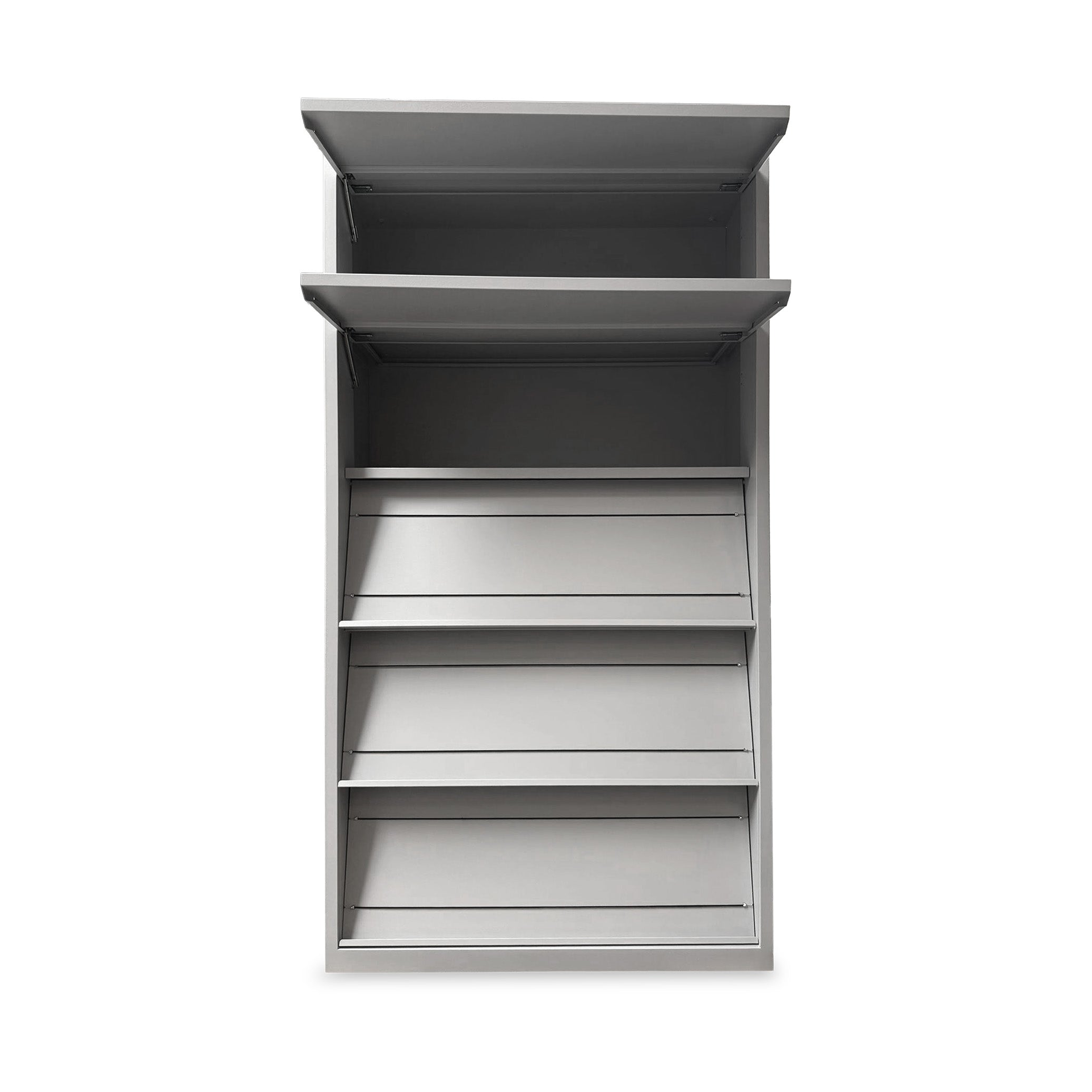 Prospektschrank mit 5 Schrägfachböden – 5 Ordnerhöhen, 100 × 420 × 1950 mm, Farbe lichtgrau