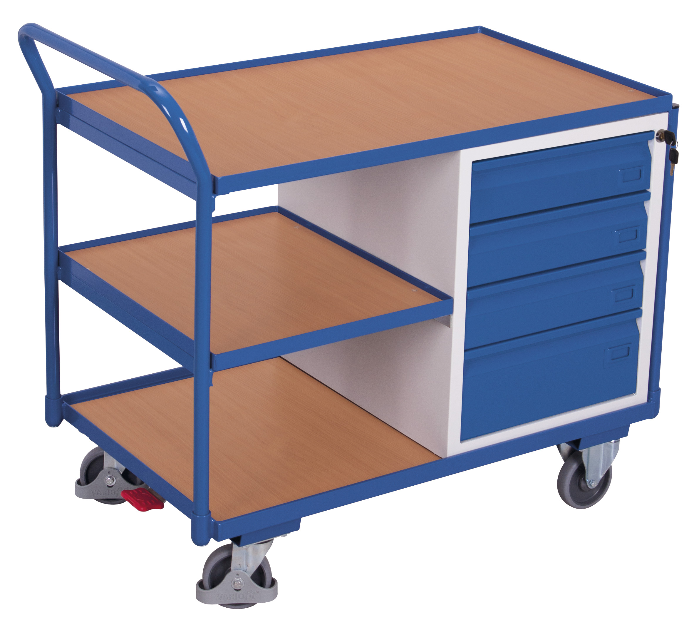 Werkstattwagen 250 kg mit Schubladen und 3 Ladeflächen, RAL 5010, 1125 × 625 mm Werkstattwagen 250 kg mit Schubladen und 3 Ladeflächen, RAL 5010, 1125 × 625 mm