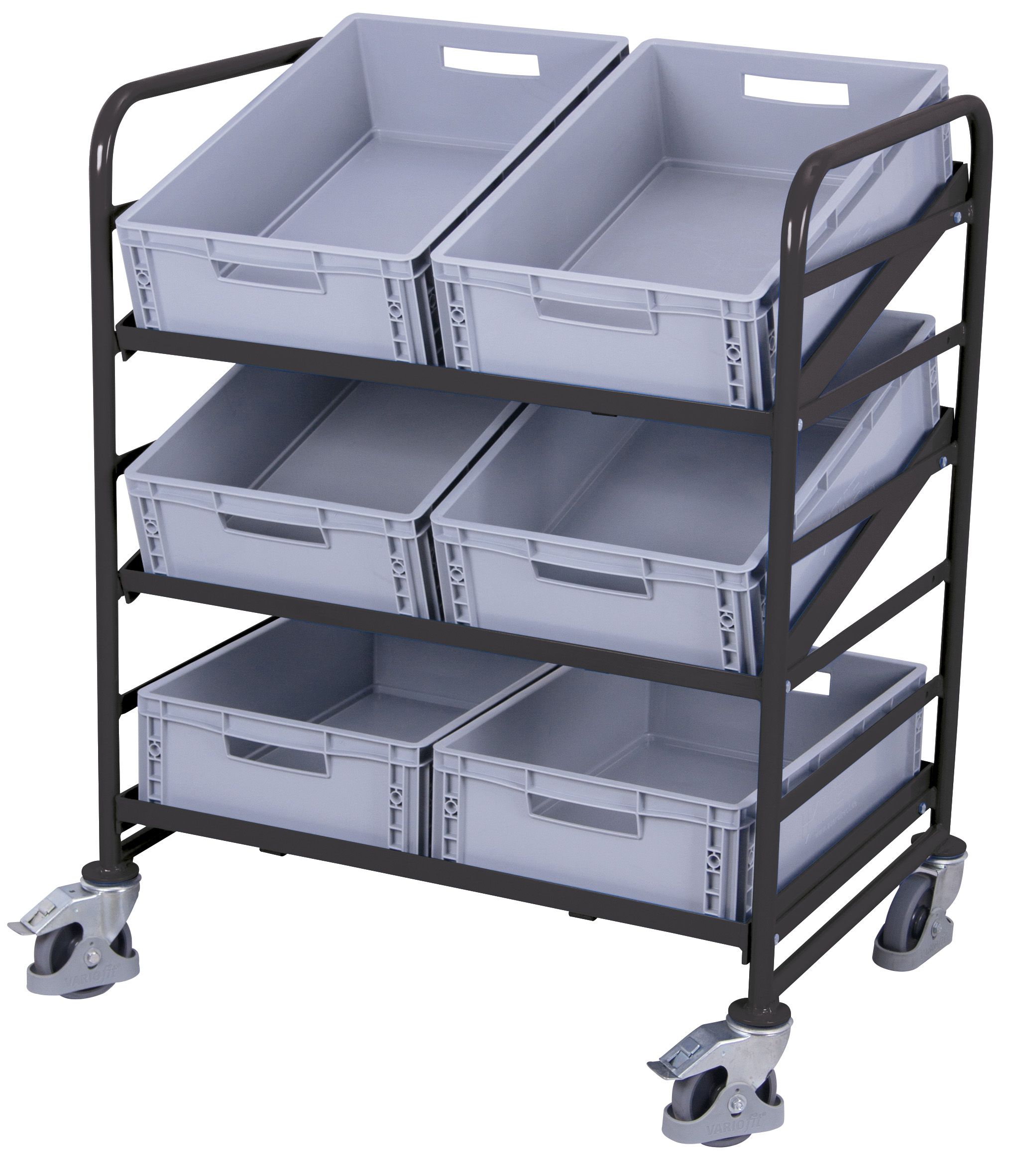 Geräumiger Eurokastenwagen mit 6 Kisten 935 × 665 × 1160 mm, RAL 7016, 200 kg Traglast Geräumiger Eurokastenwagen mit 6 Kisten 935 × 665 × 1160 mm, RAL 7016, 200 kg Traglast