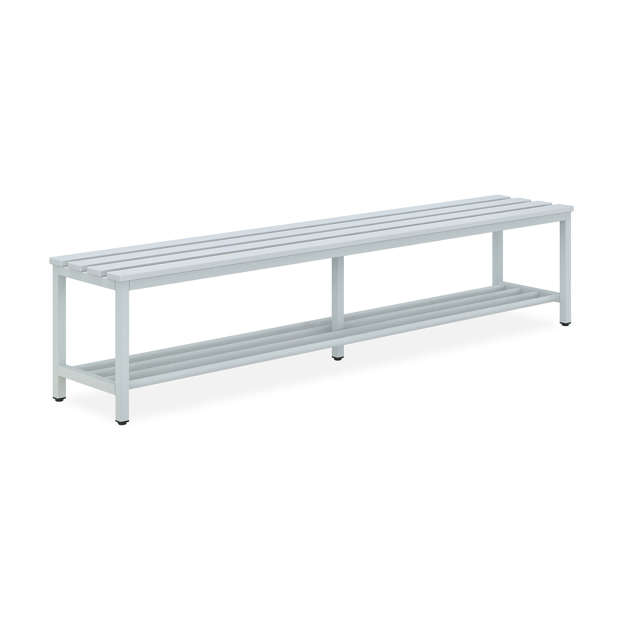 Großzügige Sitzbank mit Kunststofflatten und Schuhrost, 2000 × 380 × 440 mm – funktional und langlebig