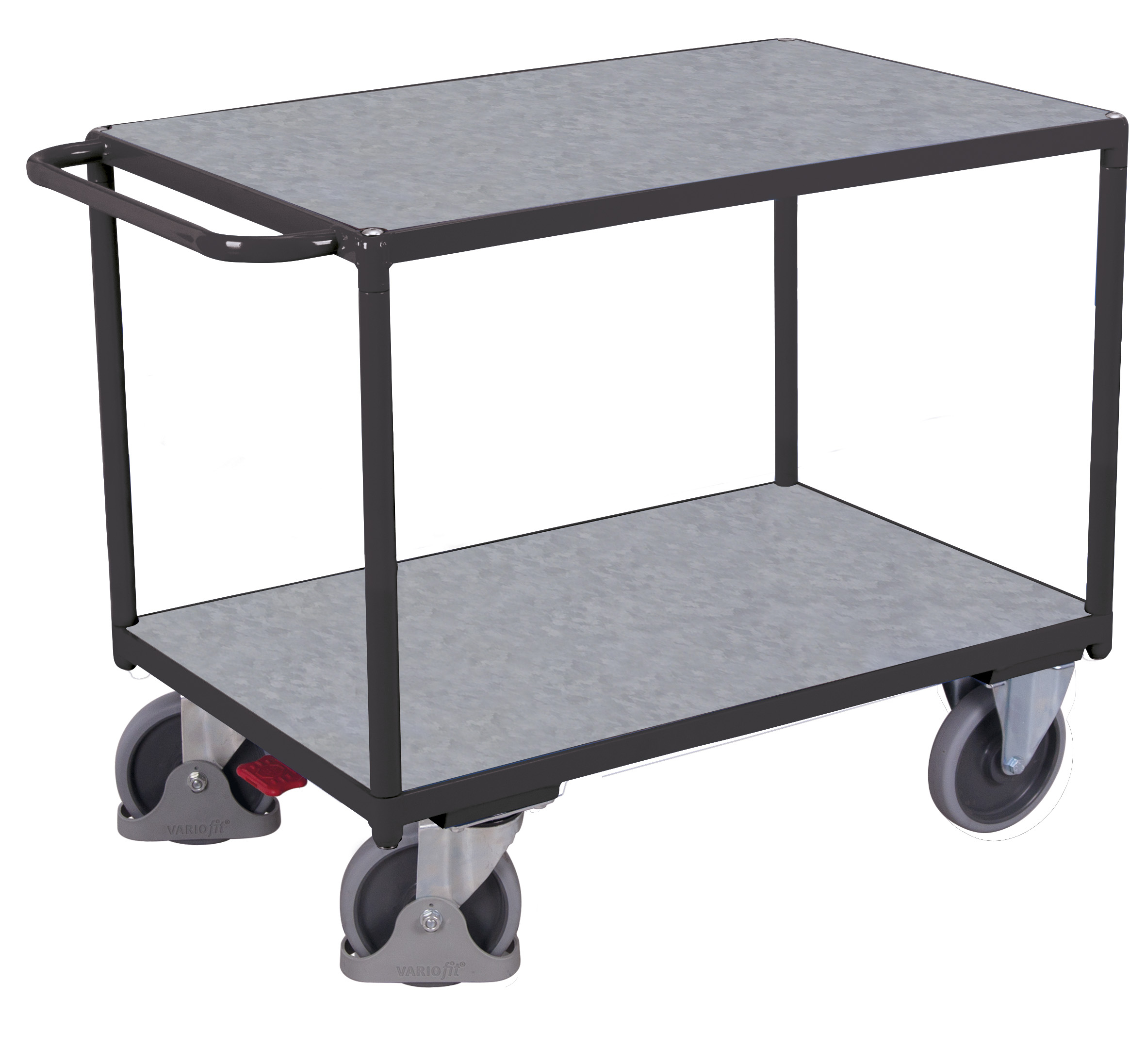 Schwerlast-Tischwagen 1190 × 700 mm mit 2 Zinkblechladeflächen, 500 kg Traglast, RAL 7016, ideal für Lager & Werkstatt Zuverlässiger Tischwagen 1390 × 800 mm mit 2 Zinkblechladeflächen, 500 kg Traglast, RAL 7016, ideal für Werkstatt & Betrieb